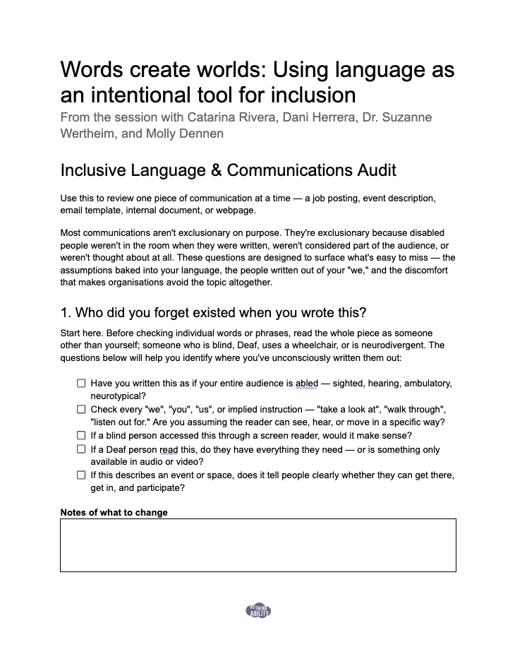 Preview of page one of "Words create worlds:  Using language as an intentional tool for inclusion" resource document
