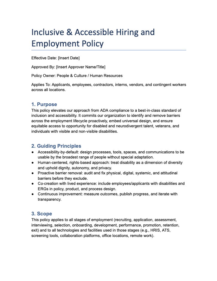 Preview of page one of Inclusive & Accessible Hiring and Employment Policy