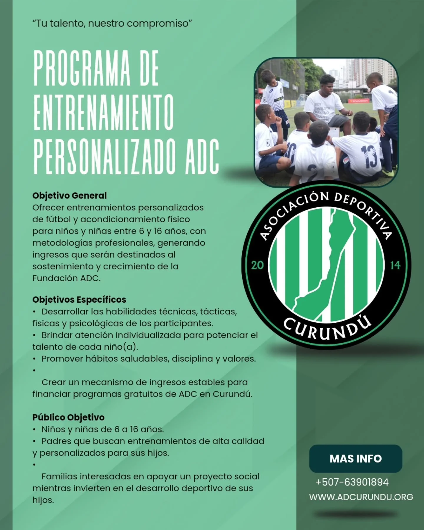 ⚽💚 &iexcl;Entrena con prop&oacute;sito junto a ADC!

&iquest;Quieres que tu hijo o hija mejore su rendimiento deportivo con entrenamientos de calidad profesional?
El Programa de Entrenamiento Personalizado ADC est&aacute; abierto para ni&ntilde;os y