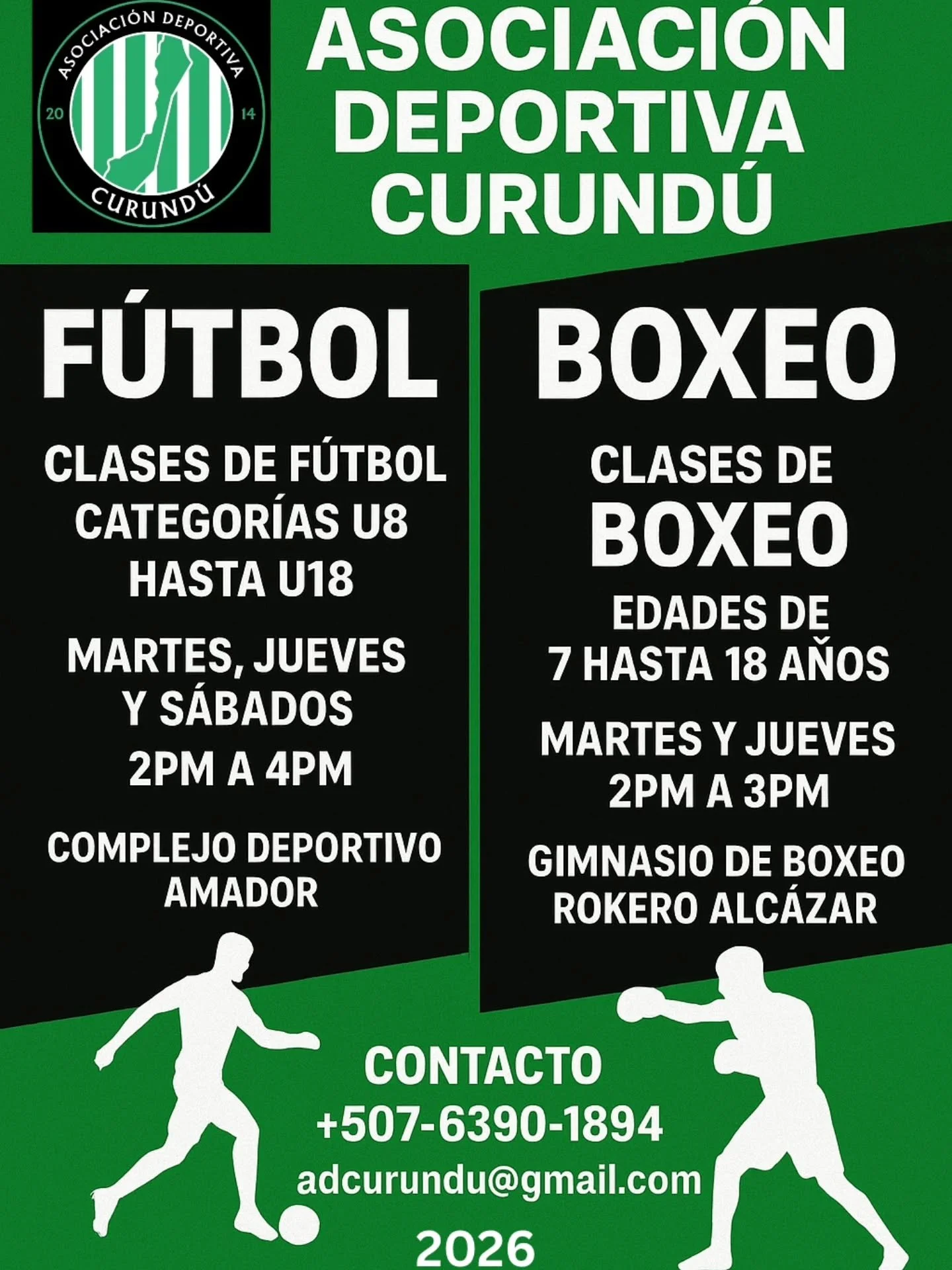 🟢⚫⚪ ASOCIACI&Oacute;N DEPORTIVA CURUND&Uacute; ⚪⚫🟢

&iexcl;FORJANDO CAMPEONES DESDE LA BASE!

⚽ CLASES DE F&Uacute;TBOL ⚽
Categor&iacute;as: U8 - U10 - U12 - U14 - U16 - U18
Edades: 7 a 18 a&ntilde;os
D&iacute;as: Martes &bull; Jueves &bull; S&aacu