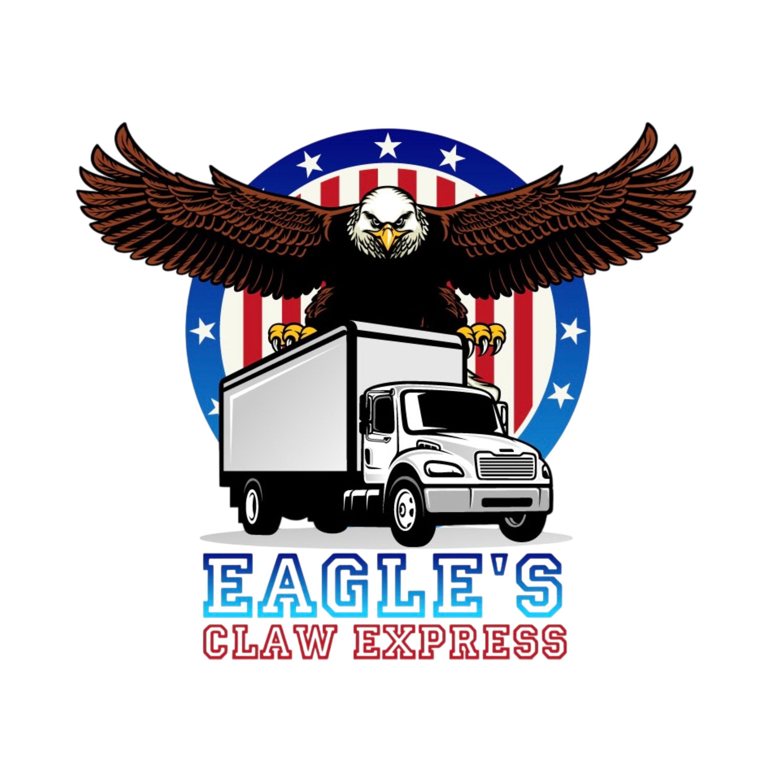 Logo for Eagle's Claw Express with an eagle spreading its wings above a delivery truck, set against a patriotic red, white, and blue circular background, with the company name in bold blue and red letters below.