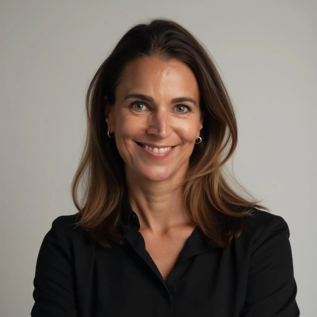 Porträt einer lächelnden Frau mit langen braunen Haaren, die eine schwarze Bluse trägt, vor einem neutralen Hintergrund.