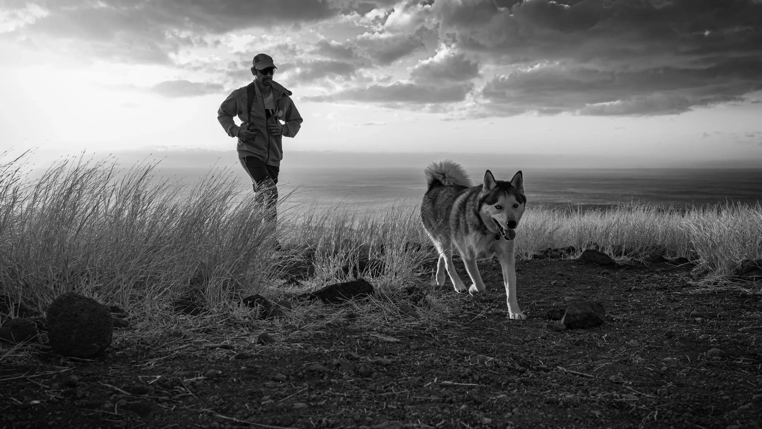 Portrait en noir et blanc d’un homme et de son chien marchant dans les herbes face à l’océan — Photographe lifestyle à La Réunion