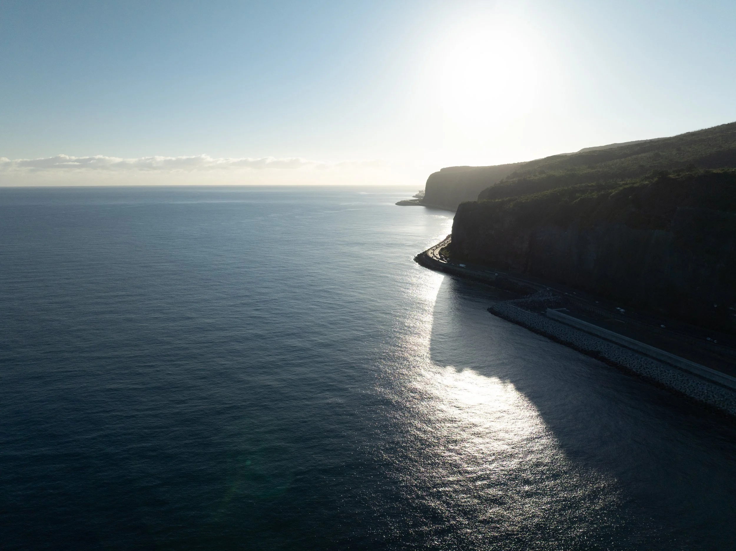 Falaise de la route du littoral Nord, La Réunion. Côte rocheuse avec mer, vue de haut, ensoleillée, horizon dégagé, paysages côtiers, mer calme, falaise verte. - Photographe voyage à La Réunion