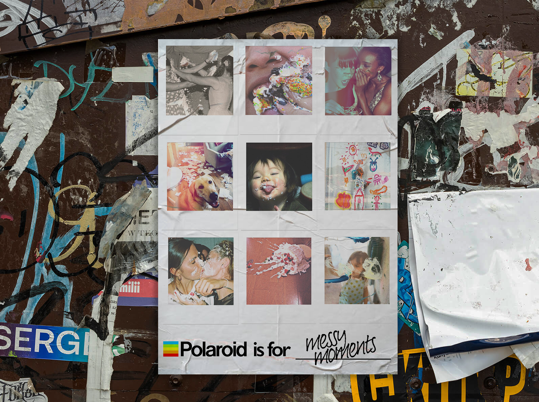 A collage of nine photos featuring various people and pets, with the text 'Polaroid is for messy moments' at the bottom, placed on a surface covered in graffiti and torn paper.
