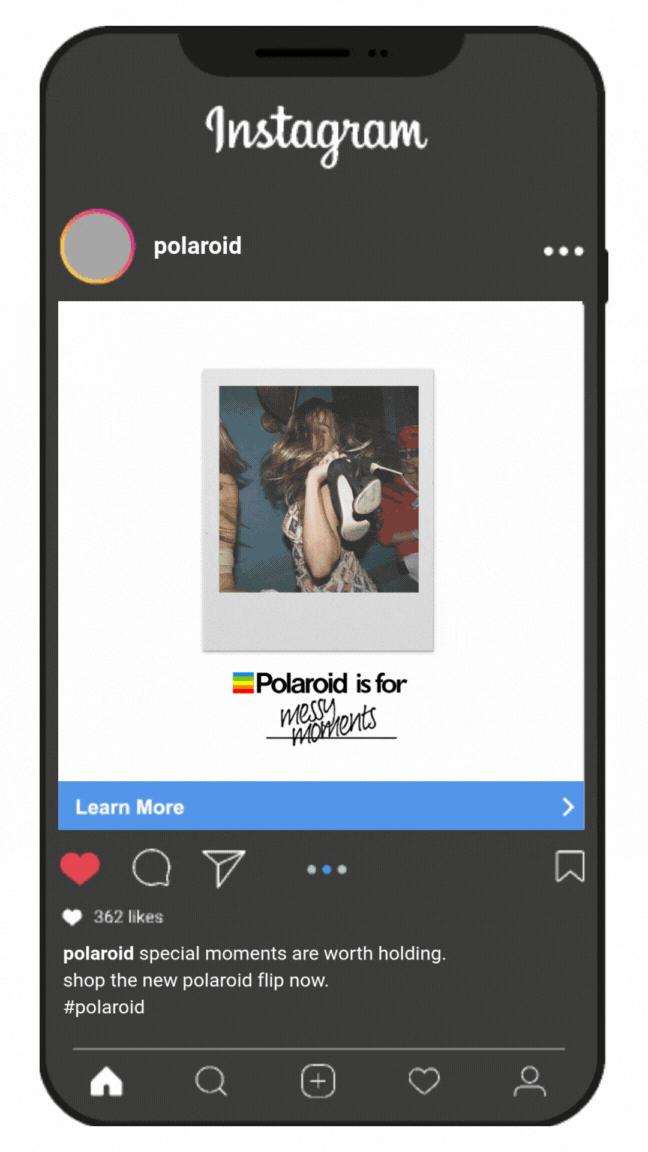 Instagram post from Polaroid featuring a woman holding a polaroid camera, text says 'Polaroid is for messy moments', with a blue 'Learn More' button below.