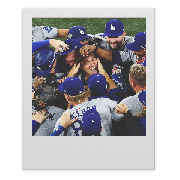 Los Angeles Dodgers baseball team celebrating together on the field.