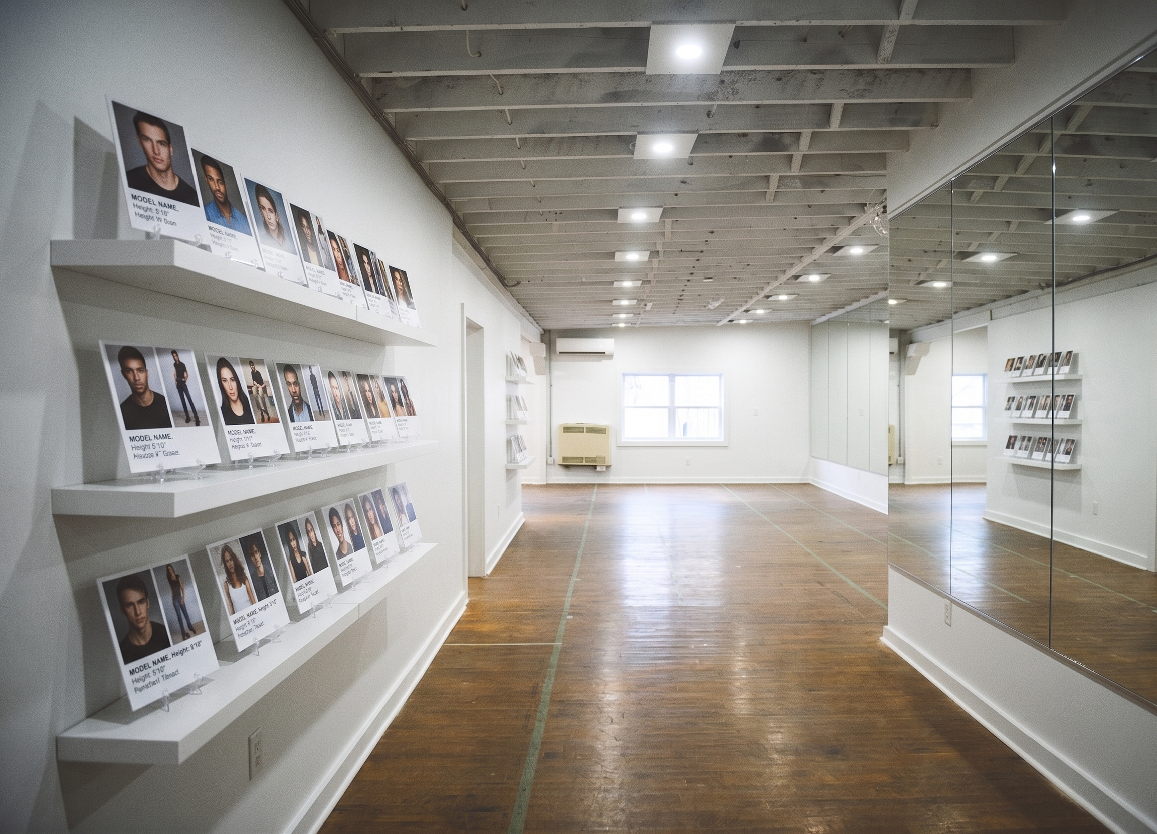 An interior space with white walls, wooden flooring, catalog photos of diverse models with details, and a large mirror on the right reflecting the room.