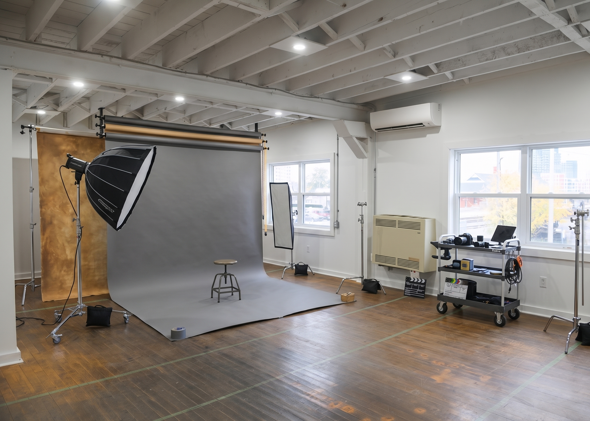 Photography studio with a gray backdrop, lighting equipment, a stool, and various tools, with large windows in a bright room with hardwood floors.