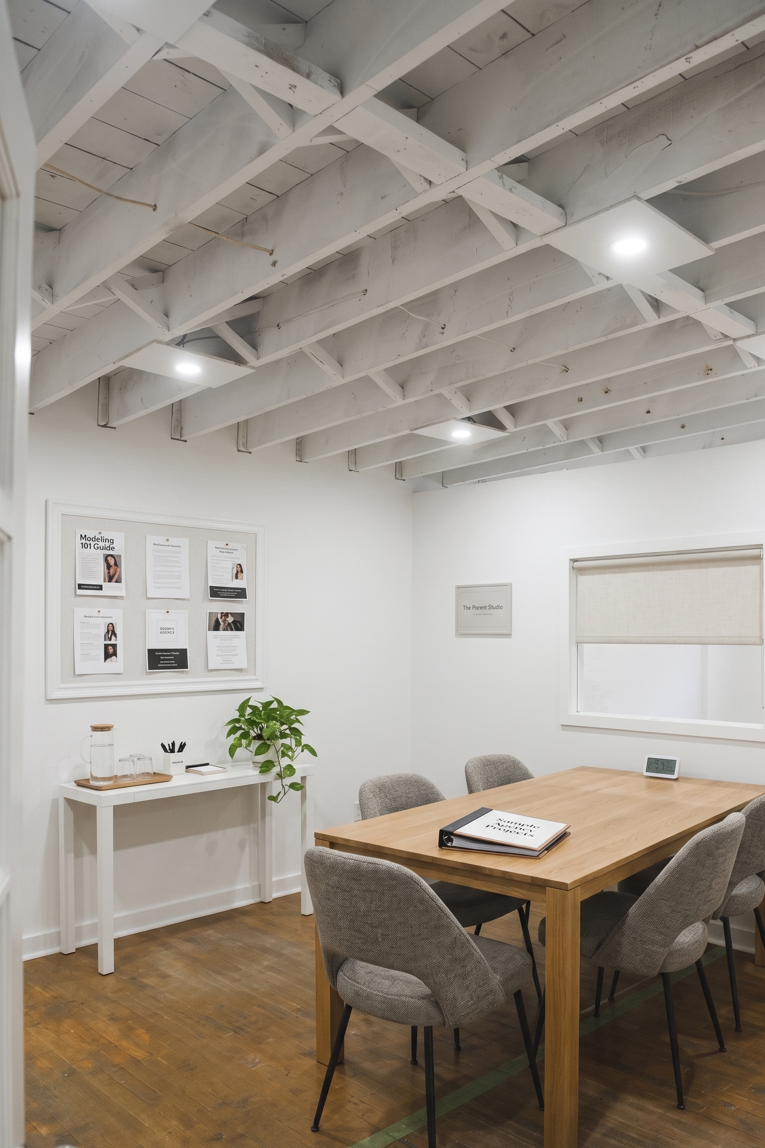 A conference room with a wooden table, six gray upholstered chairs, a window with a beige roman shade, a white wall with framed informational posters, and a ceiling with white beams and recessed lighting.