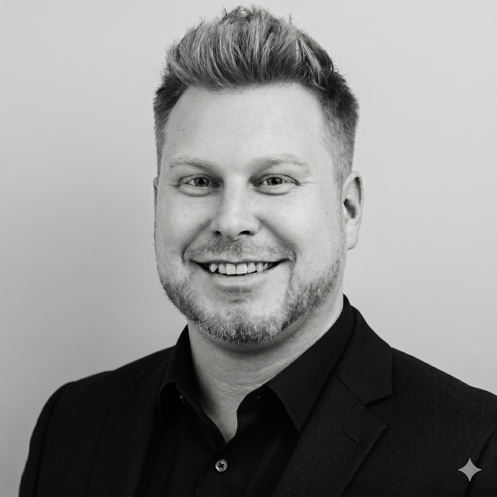 A smiling man with light-colored hair styled upward, wearing a black textured suit and a white shirt, against a plain background.