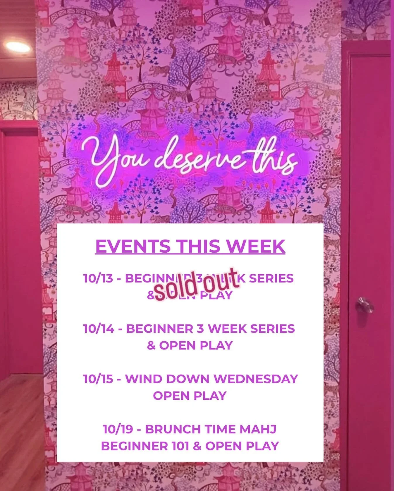 UPCOMING EVENTS this week and a few still have seats left.
Come get your Mahj on with us-whether you&rsquo;re learning, playing, or just here for the tiles &amp; talk. 🀄️
Check the link in our bio to grab your spot!

#TalkTilesToMe #MahjongCommunity