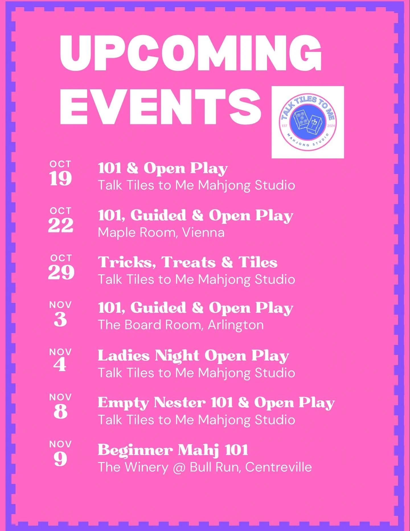 🀄️ HERE&rsquo;S OUR LINEUP THROUGH THE BEGINNING OF NOVEMBER! 🀄️

We&rsquo;ve got something for everyone, from Mahjong 101 to open play, guided play, and leagues. Whether you&rsquo;re brand new or a seasoned player, there&rsquo;s a seat waiting for