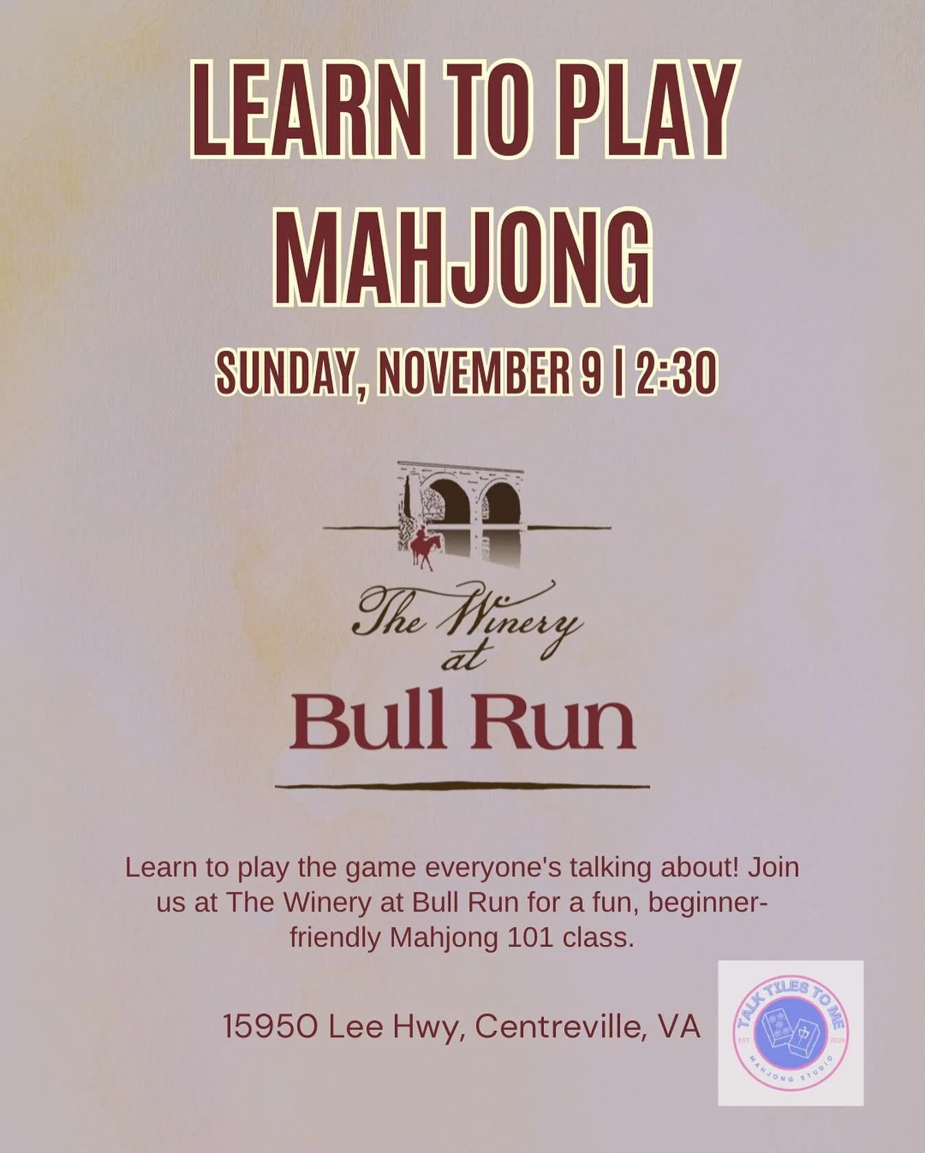 ✨ Learn the game everyone is talking about! 
Join us at The Winery at Bull Run for a fun, beginner-friendly Mahjong 101 class 🍷

In this 2-hour session our experienced instructors will walk you through the basics of American Mahjong-no experience ne