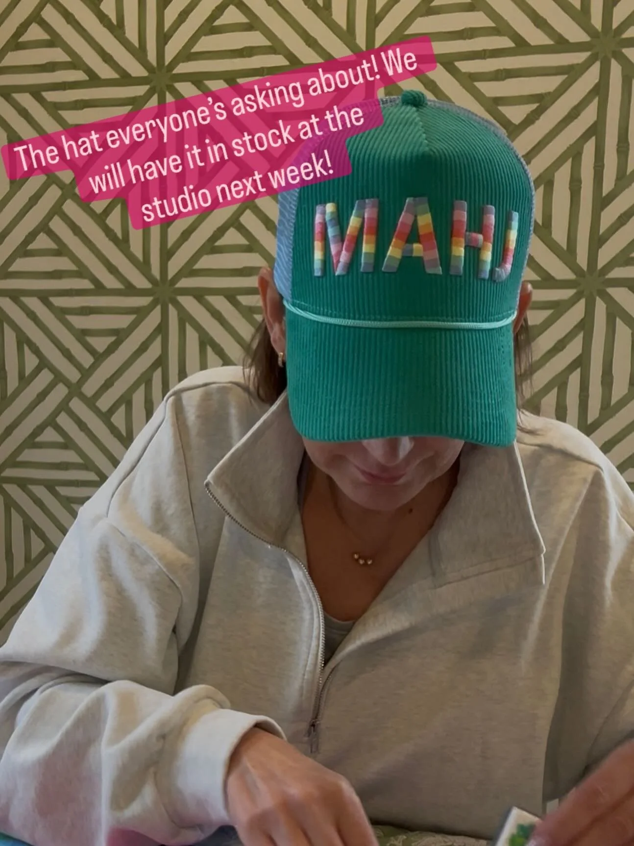 We&rsquo;ll have this hat, plus a few other color variations, available for purchase in the studio starting next week. If you can&rsquo;t wait until then, you can purchase one directly from our friends at @myfairmahjong.