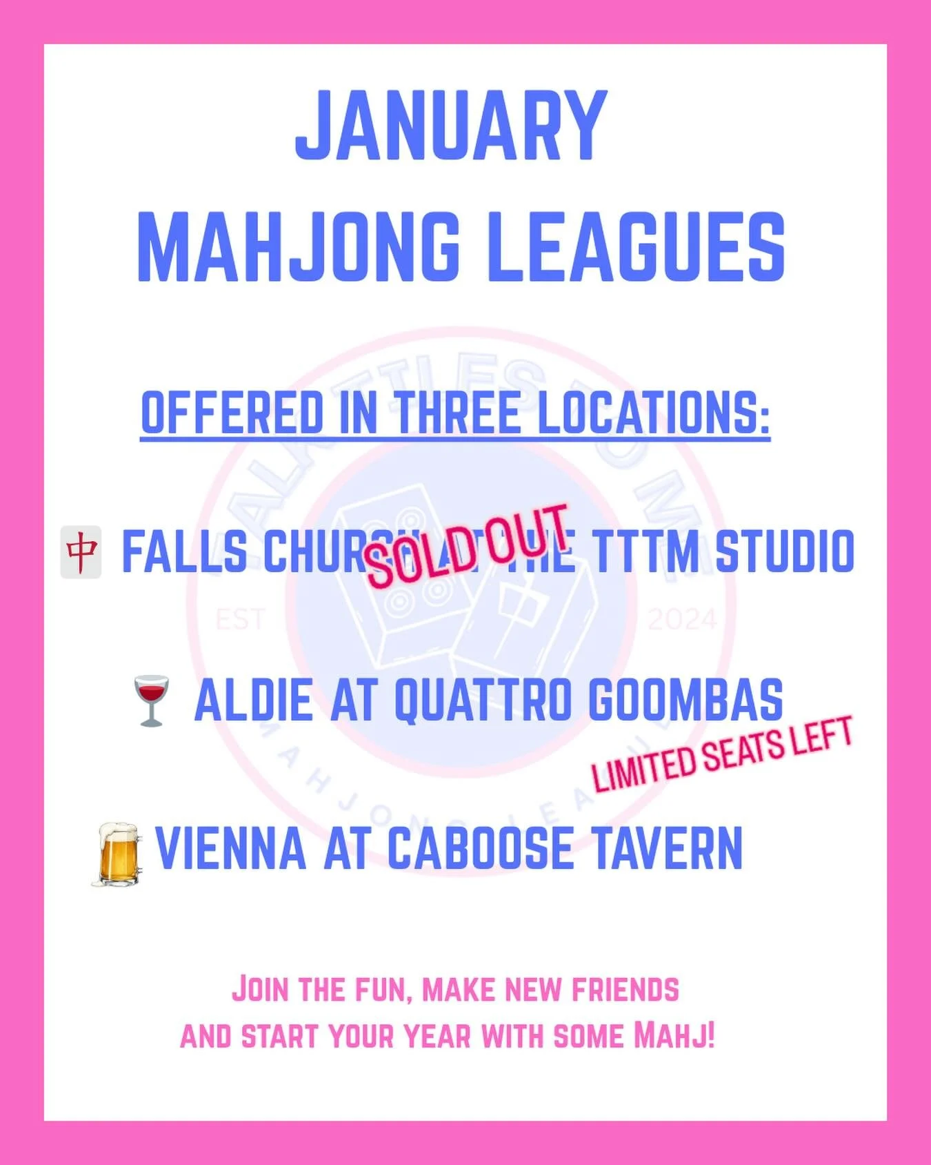 New year, new routine 🀄️
Join one of our Mahjong leagues and make weekly play part of your schedule.
Three leagues locations, beginning January 7th. Limited seats remain. Link in bio to register!