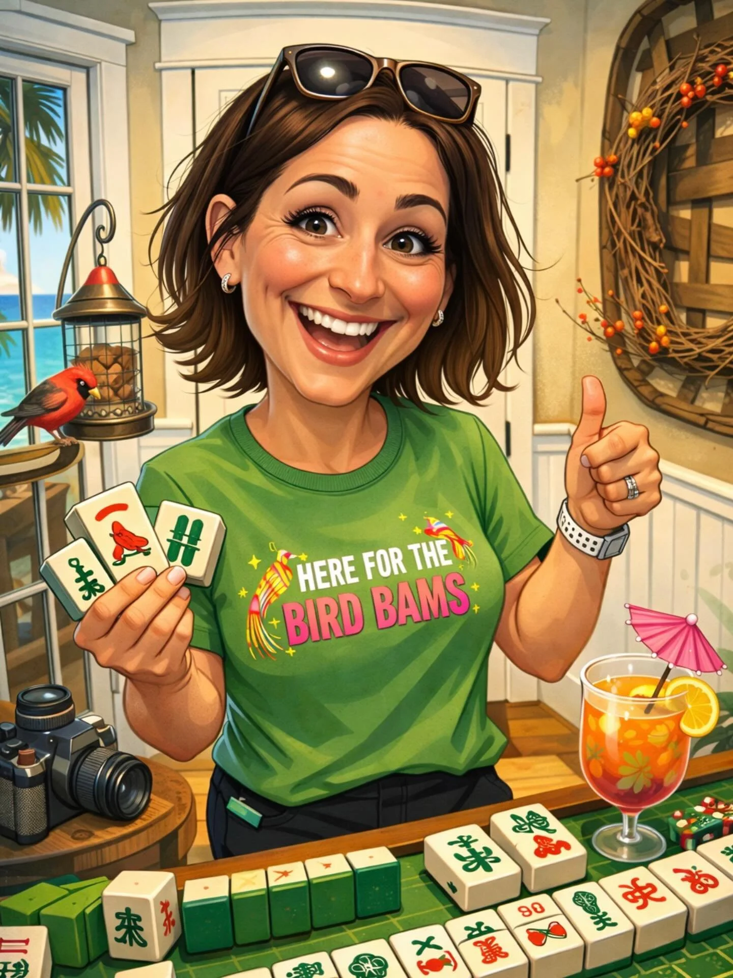 Took @mywifeplaysmahjong &lsquo;s challenge and uploaded a photo of myself to ChatGPT, asked it to create a caricature using everything it knows about me. It definitely nailed the Mahjong part. 😂Not sure what the bird cage is 🤷🏻&zwj;♀️.