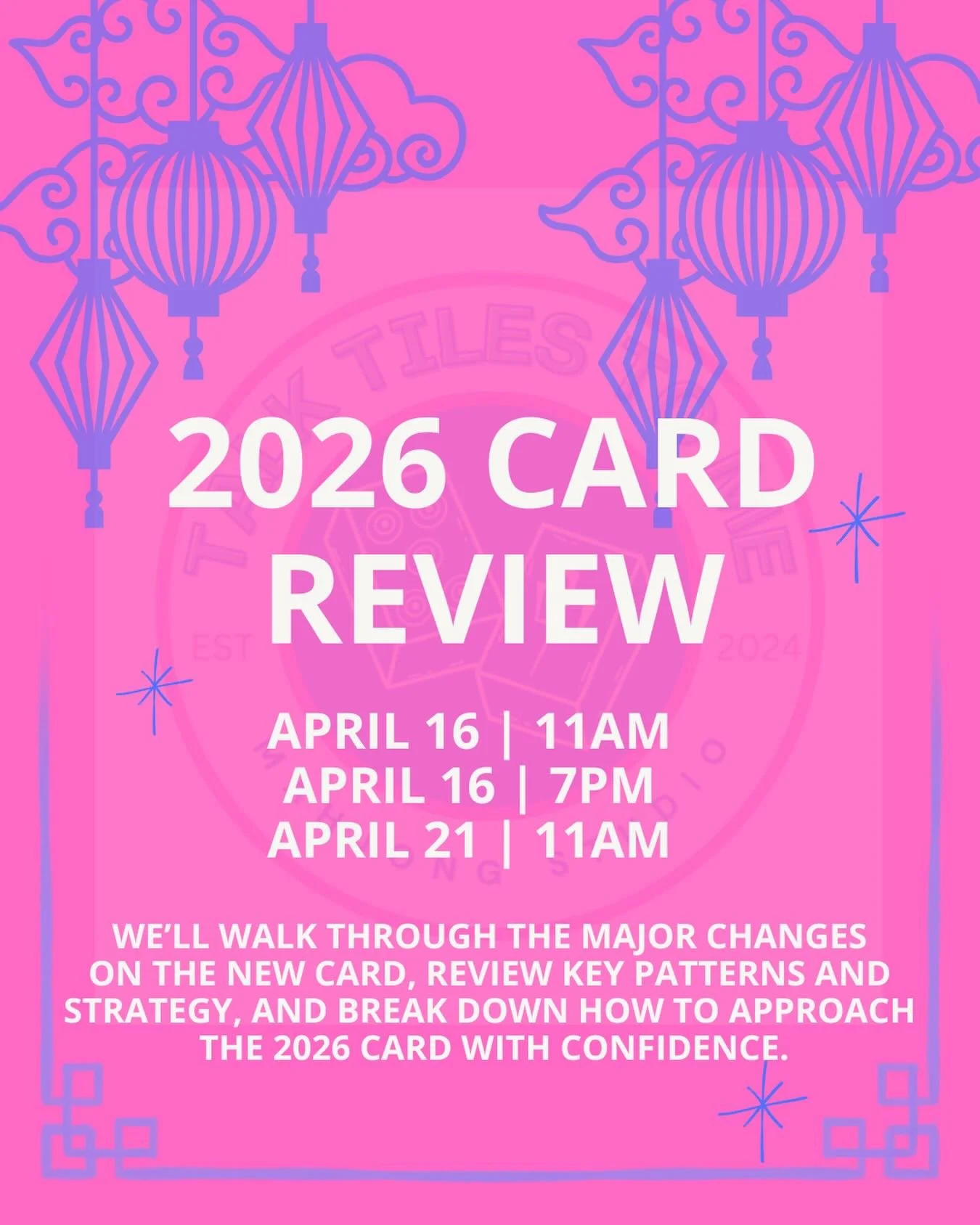 2026 NMJL Card Review + Guided Play. Three dates to choose from. 

Learn the changes.
Spot the patterns.
Build your strategy.

Then play with instructor support as you test-drive the new 2026 NMJL card.

Card not included-available for purchase onsit