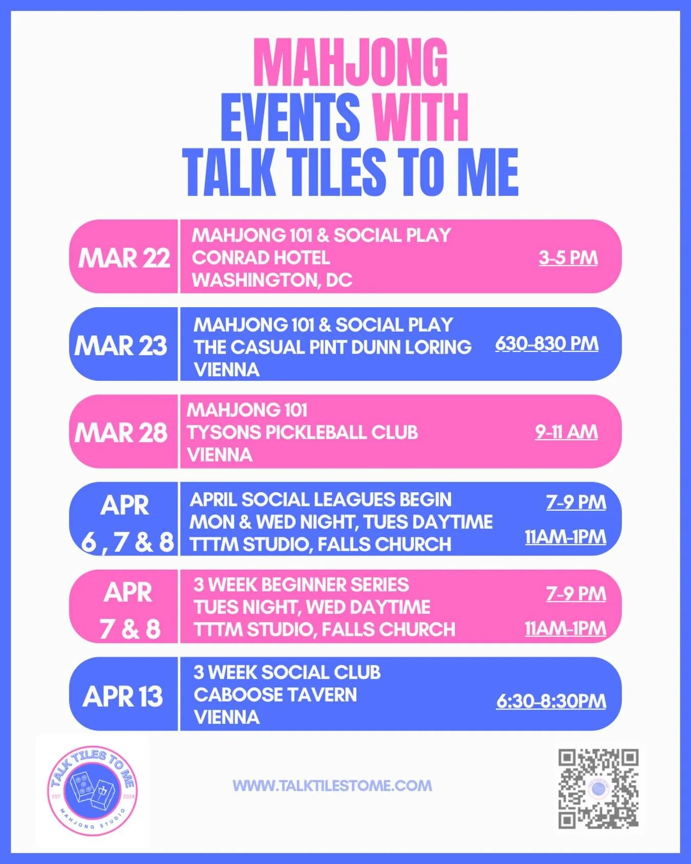 Between spring break trips and upcoming vacations&hellip;
Come squeeze in some Mahjong with us.
A little shuffle before the suitcase shuffle. Link in bio to register.