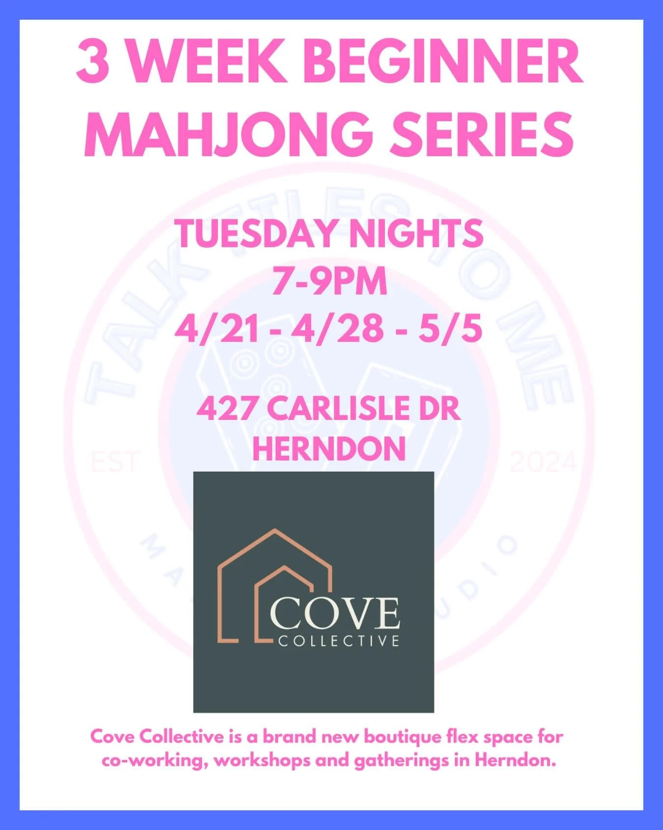 Join us for a 3-week beginner Mahjong series at @covecollectiveva , Herndon&rsquo;s new boutique flex space. 

We&rsquo;ll take you from learning the basics to confidently playing, all in their welcoming and beautifully decorated space. 

No experien