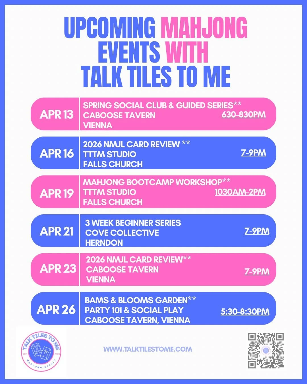 Out of hibernation and into Mahjong season. April is packed with chances to learn, sharpen your strategy, and get lots of play time in. Whether you&rsquo;re brand new or already hooked, there&rsquo;s a seat waiting for you. 
Join us-spots go fast! Li