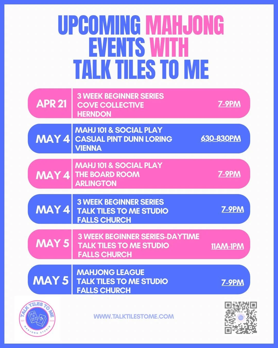 May is shaping up to be a busy one at Talk Tiles to Me. We&rsquo;ve rounded up all of our upcoming May events. If you see something that catches your eye, be sure to grab your seat quickly-many of our events fill quickly (sold out events are not list