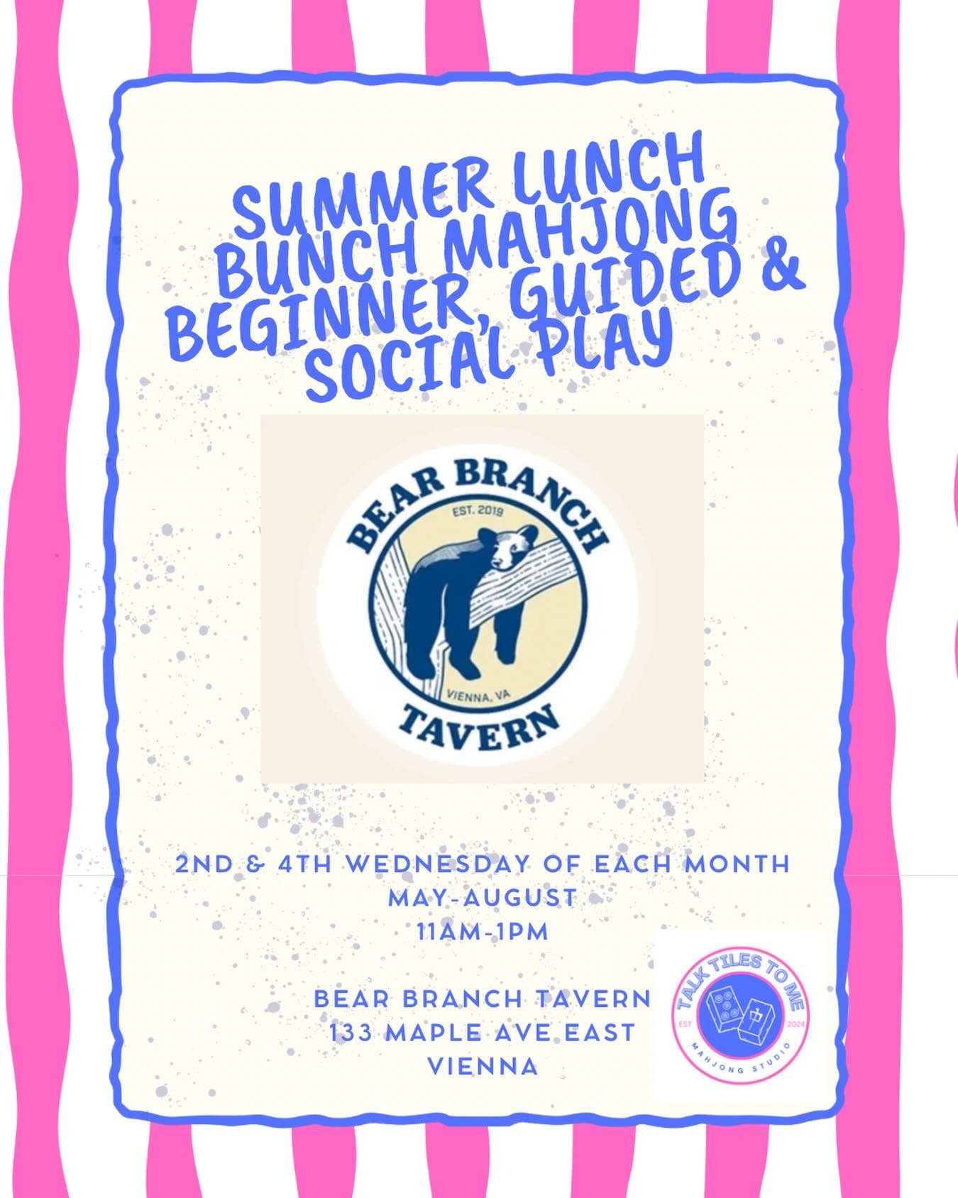 Join us at @bearbranchtavernvienna this summer for lunchtime Mahj!

Perfect for beginners, those who would like a little guidance, and experienced players looking for a fun mid-day game. Offered the 2nd and 4th Wednesday of each month, May-August.

R