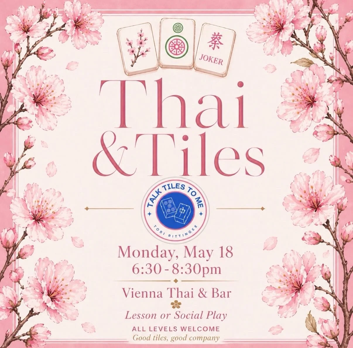 Your Monday glow up: tiles, Thai, and good people. Thai &amp; Tiles is equal parts game night and social hour. 

First time? We&rsquo;ll teach you.
Seasoned? Join social play.

Come solo or bring your crew, we&rsquo;ll take care of the rest. Sip. Shu