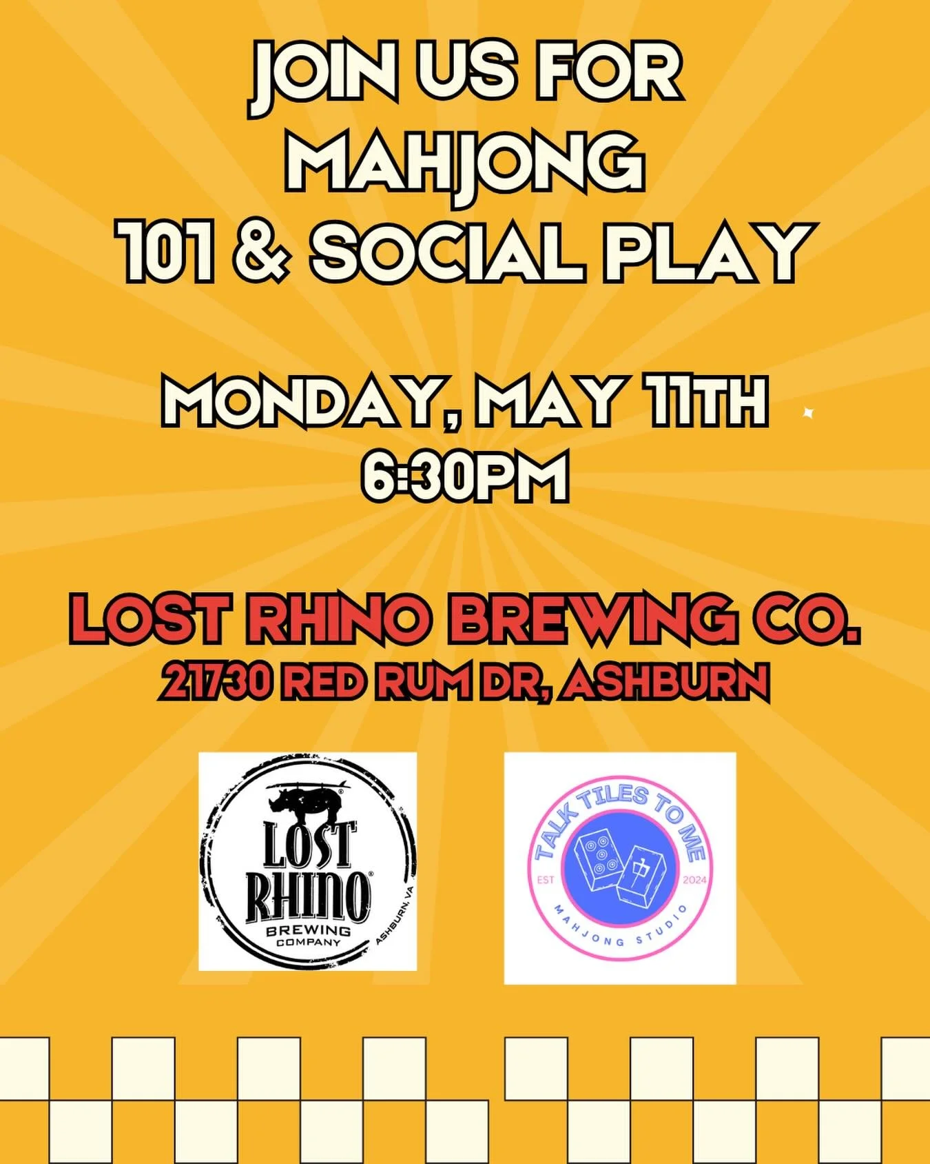 Ashburn, we&rsquo;re coming for you!

We&rsquo;re bringing beginner Mahjong + social play your way for one fun, easygoing night @lostrhinobrew 

Never played? Perfect. We got you! 
Already hooked? Even better, join our social play tables. 

Link in b