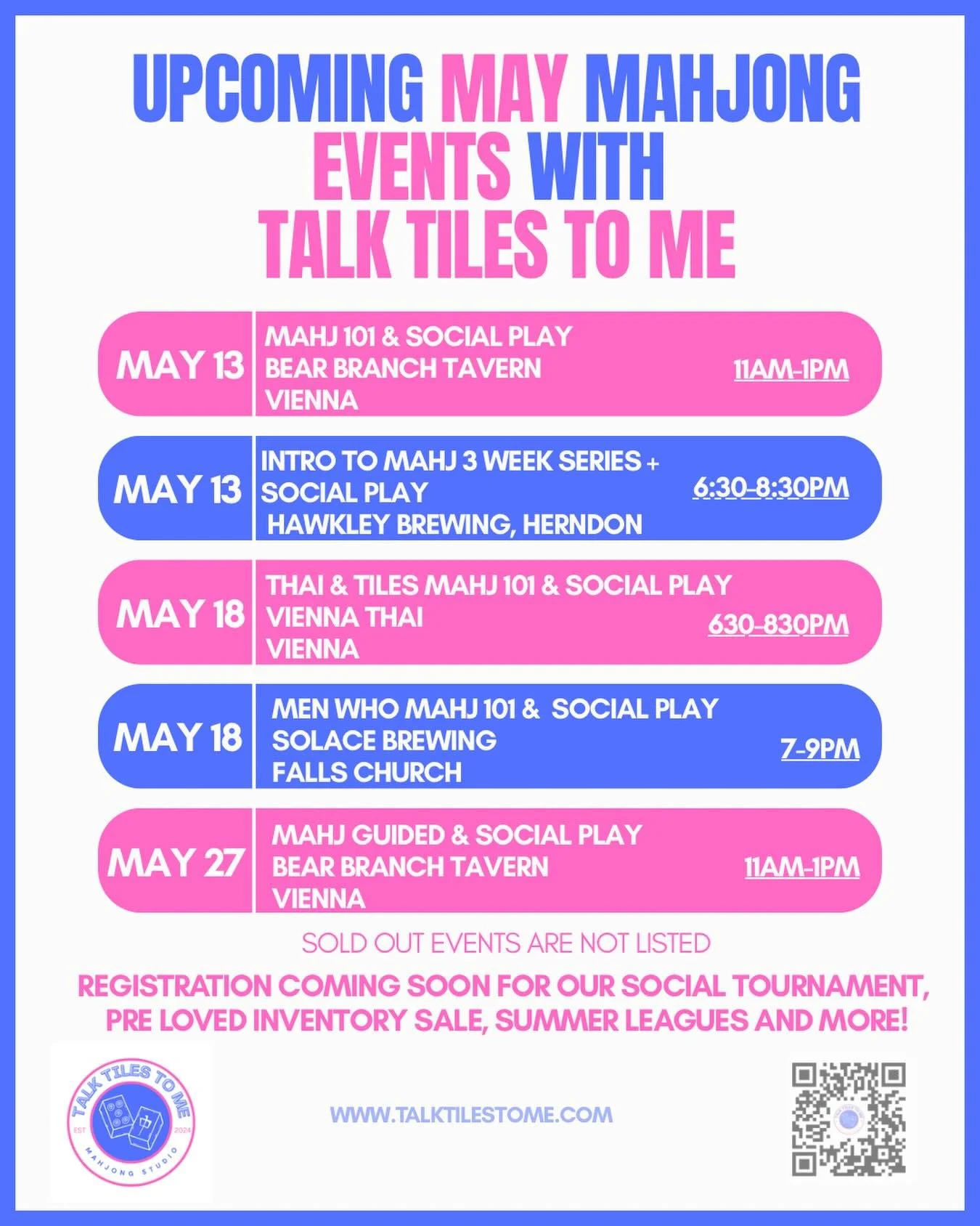 Take a break from the Maycember chaos before we take a little summer Mahj break. We only have a few events left this month, everything else is sold out. Come unwind, sip something fun, and play some Mahj with us before summer travel season begins. Li