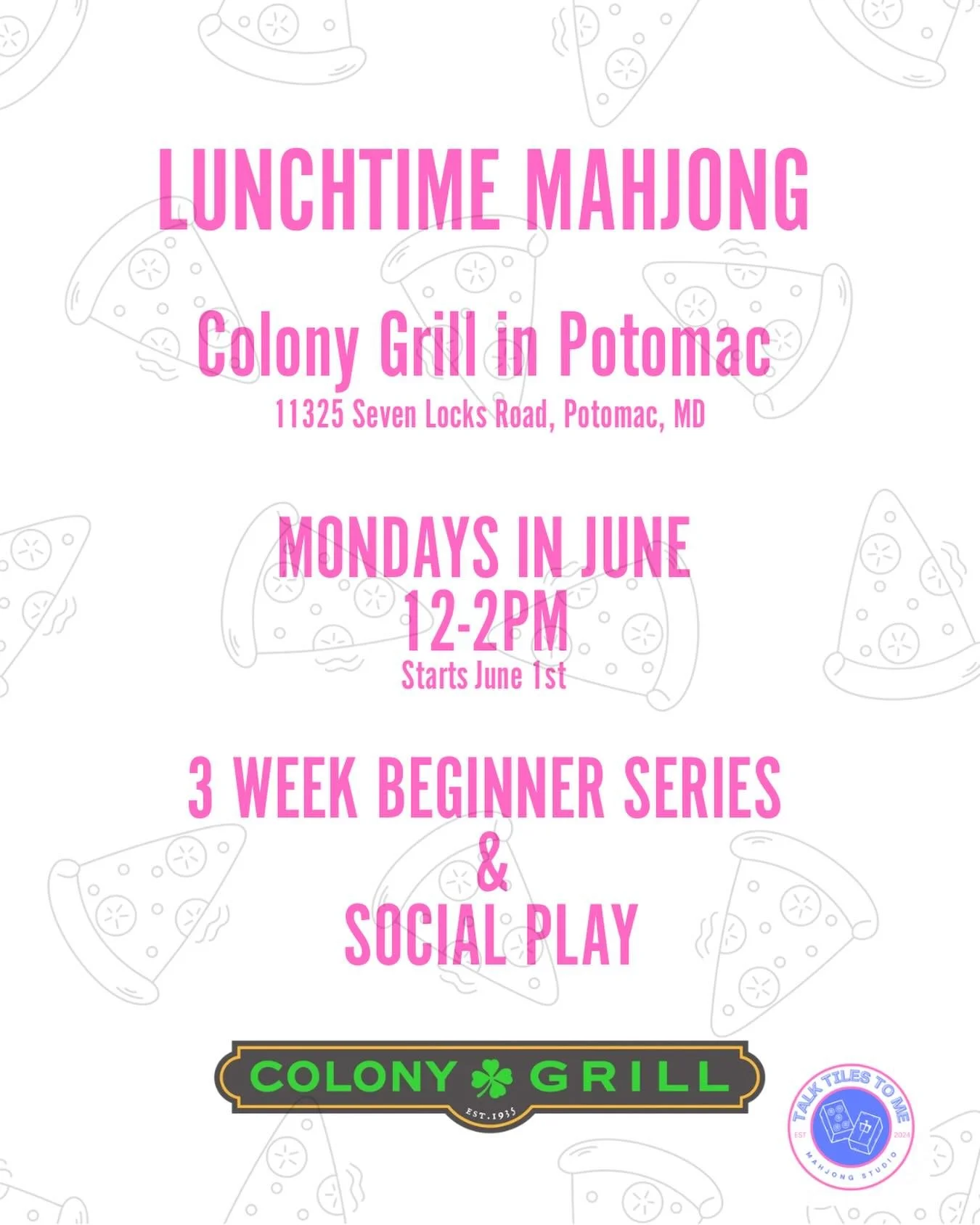 Join us for lunchtime Mahjong at Colony Grill in Potomac!

Whether you&rsquo;re brand new to Mahjong or already know your way around the tiles, we&rsquo;ve got a seat for you.

New to Mahjong? Join our 3-week beginner series 
Already play? Come for s