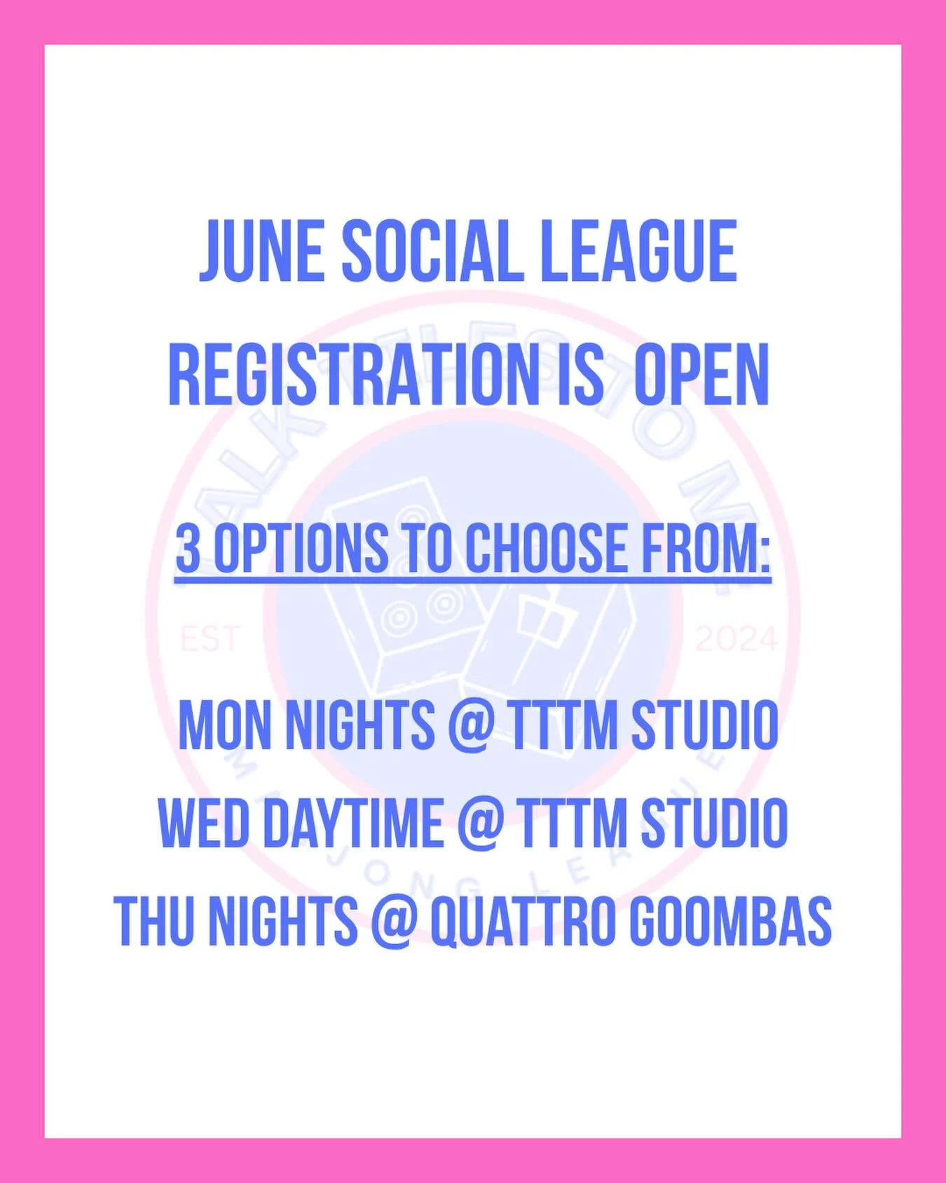 June leagues are officially open and spots are filling fast!

Join us for 4 weeks of Mahjong fun-2 hours each week filled with play, strategy, and community. Can&rsquo;t make all 4 weeks? Split with a friend.

This is a social league and all levels a