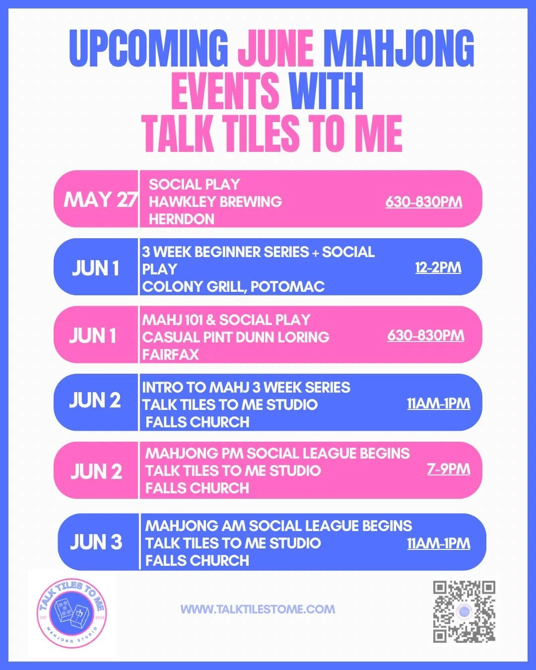 June is packed with ways to get your Mahj on!

Before we take a little summer Mahj break, join us for a month of Charlestons and tiles with your fellow Mahjong lovers. 

Whether you&rsquo;re looking to learn how to play Mahjong, or looking for social