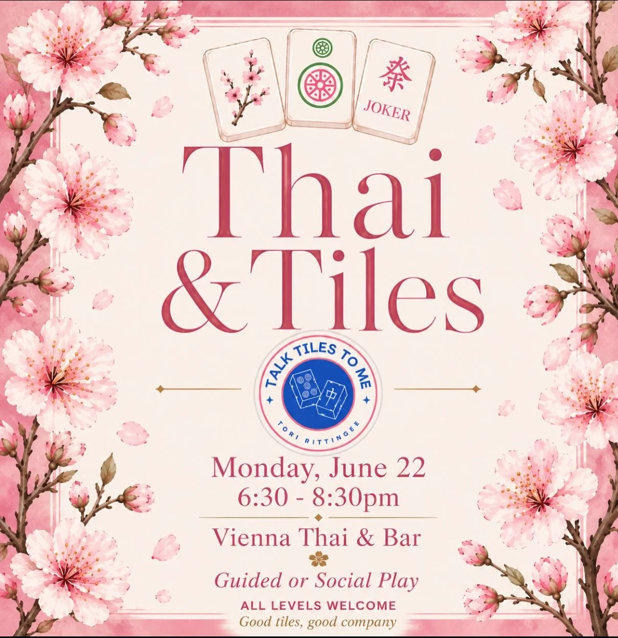 We&rsquo;re back at @viennathaiva for another Thai &amp; Tiles Night!

Join us for an evening of Guided Play and Social Play, great food, and plenty of Mahj. This event is designed for players who already know the basics, no beginner instruction will