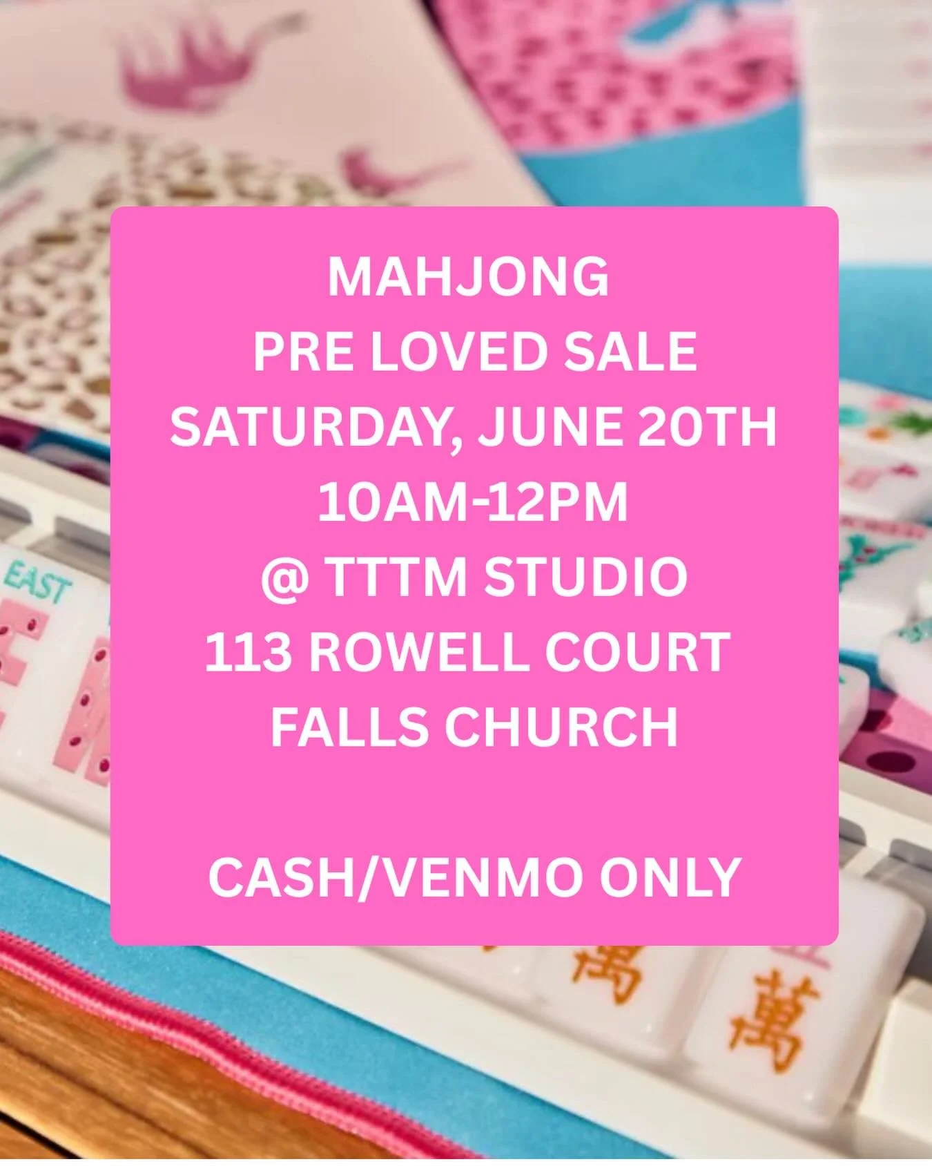 Pre-Loved Mahjong Sale!

We&rsquo;re to give some Mahjong treasures a new home. Join us for our Pre-Loved Mahjong Sale, featuring gently used:

&bull; Tiles
&bull; Racks
&bull; Mats
&bull; Mahjong accessories

We&rsquo;ll also have our regular in-sto