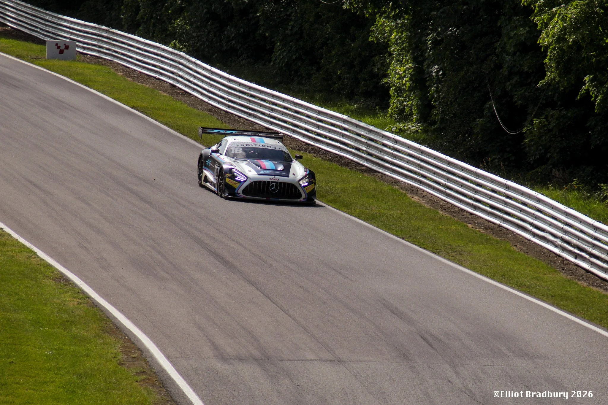 A race car on a racing track with a grassy margin and trees in the background.
