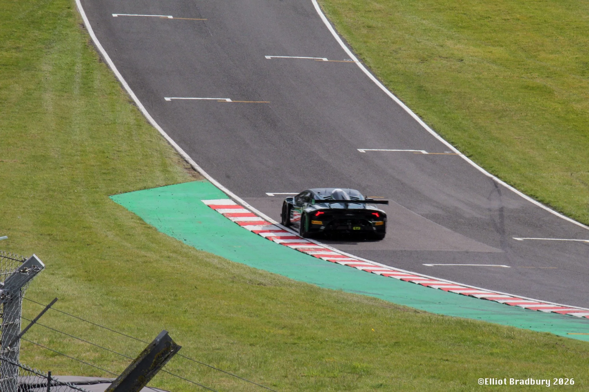 A racing car on a track with red and white curb markings, a green painted section, and grassy surroundings.