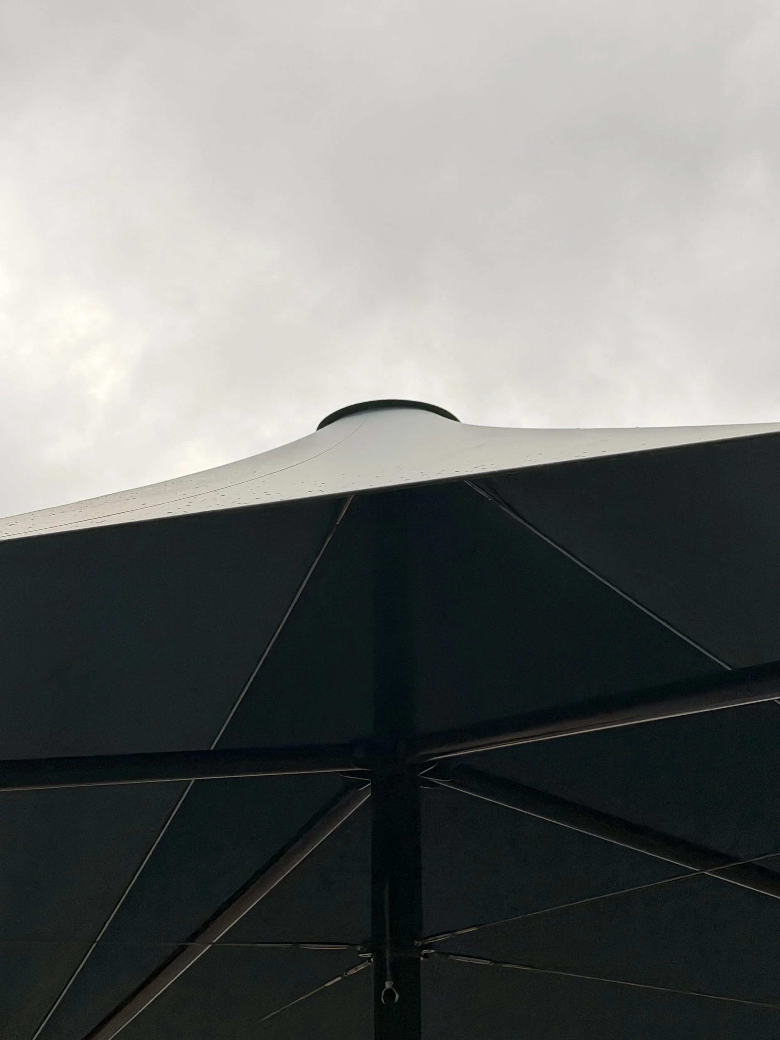 Looking up at a black umbrella with a cloudy gray sky in the background.