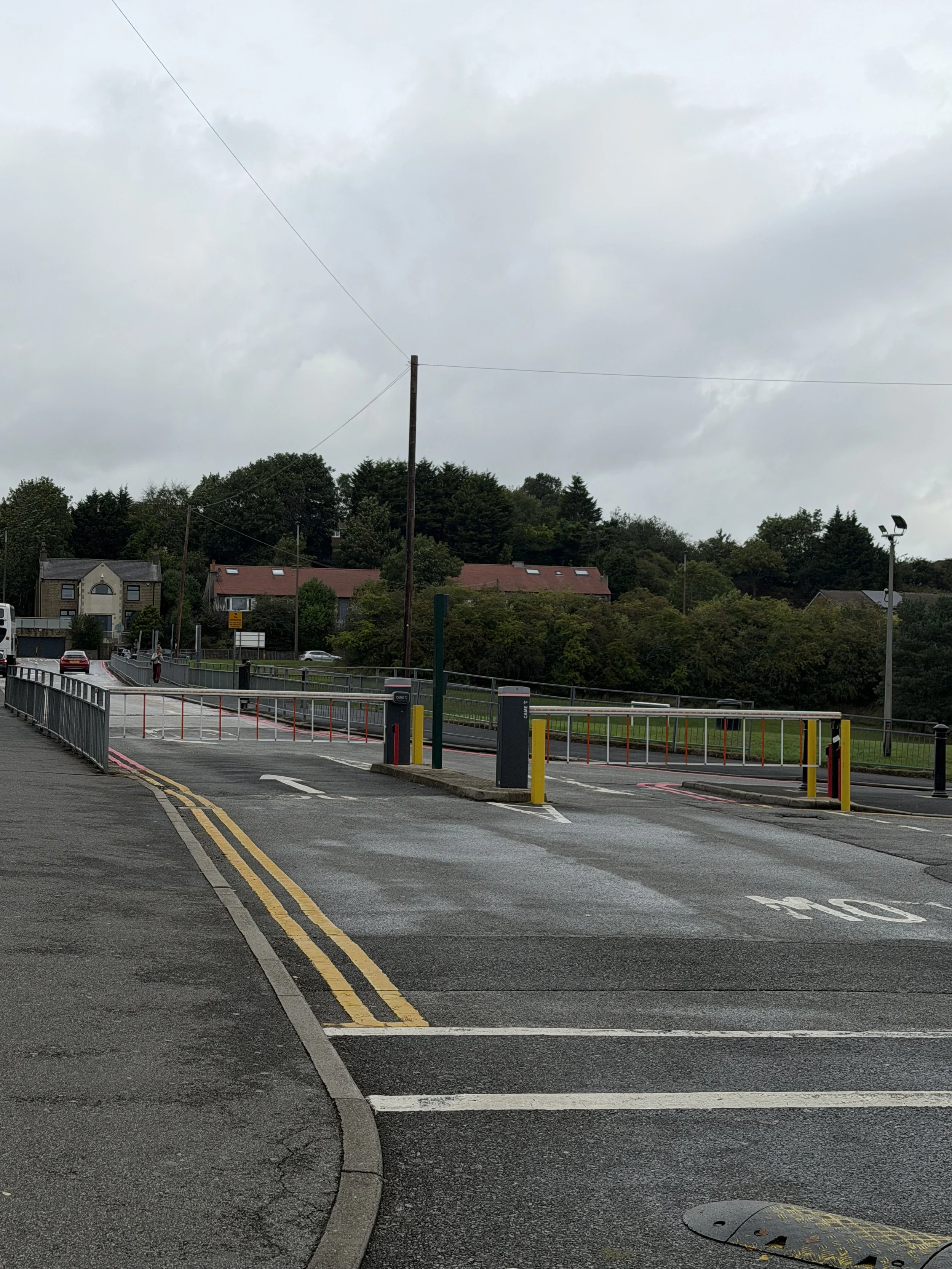 View of a street with parking lot, residential houses, trees, and an overcast sky. A pole with power lines and street lamps are visible.