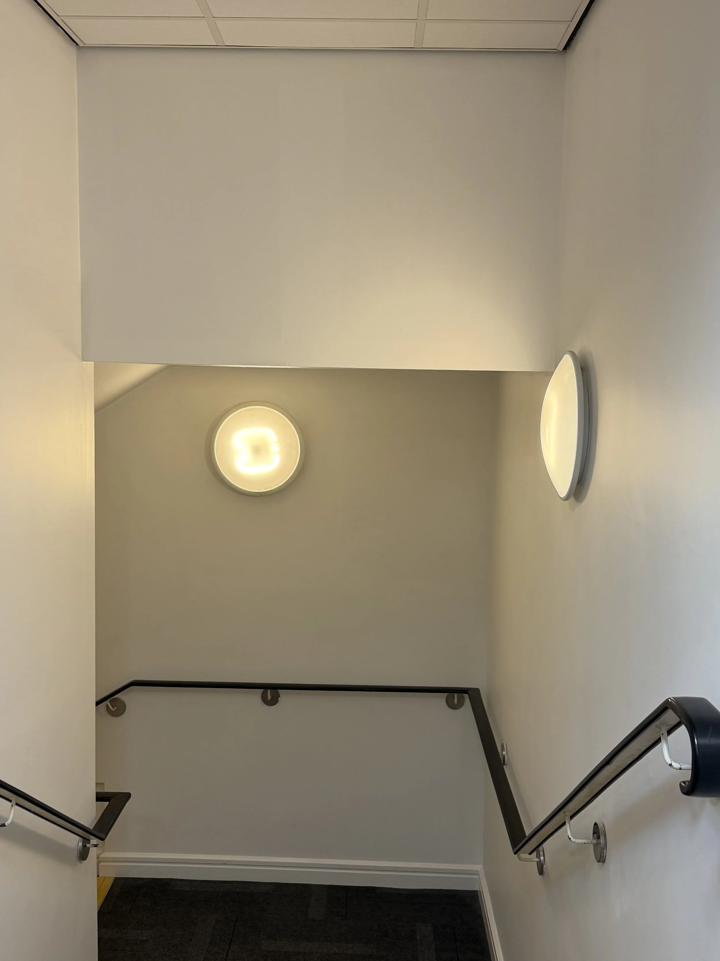 A staircase with dark handrails on both sides, beige stairs, and a wall-mounted light fixture near the top of the stairs.