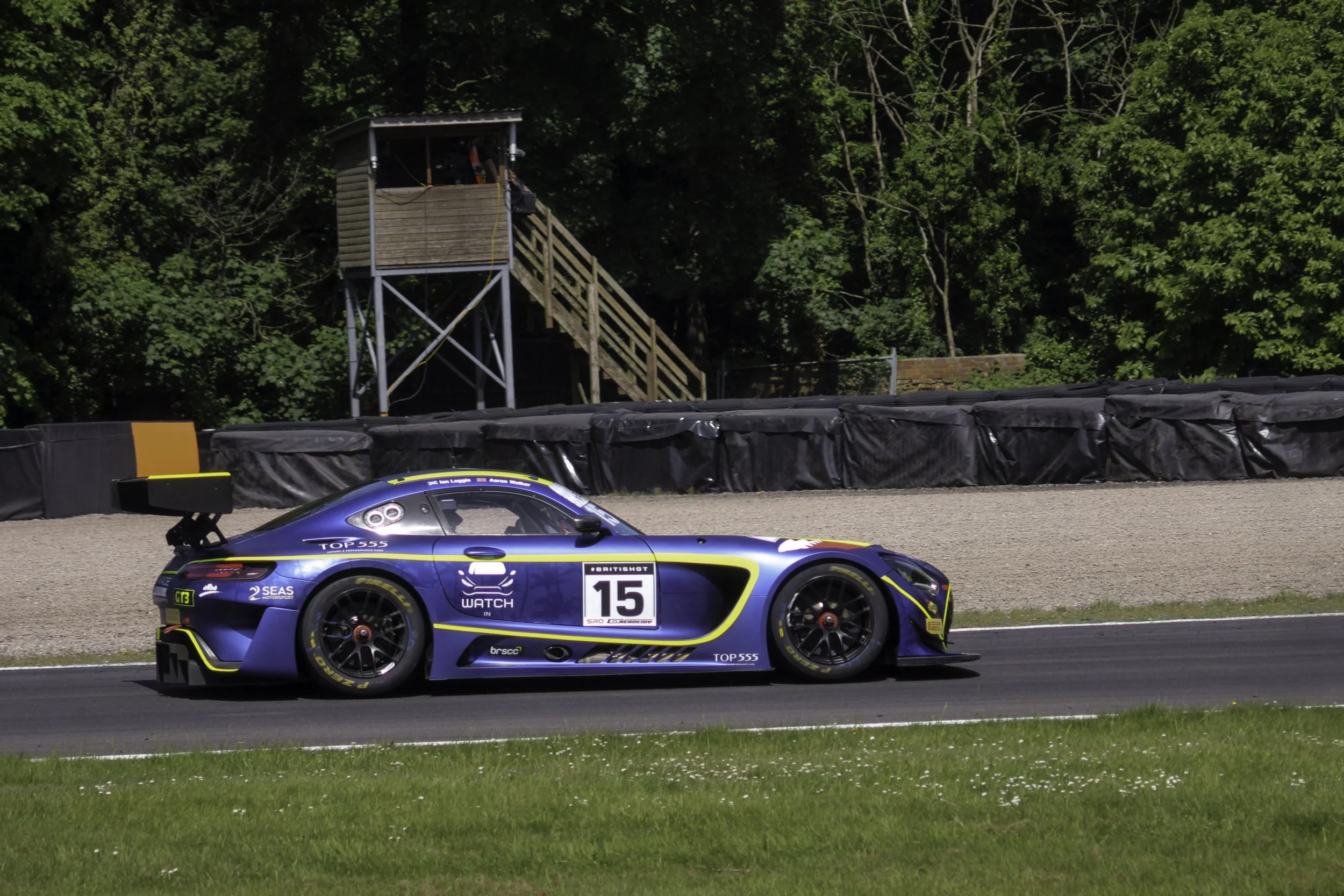 A blue race car on a track with the number 15, sponsor logos, and a large rear wing, moving past a black barrier with a green grassy area in the foreground and dense green trees in the background.