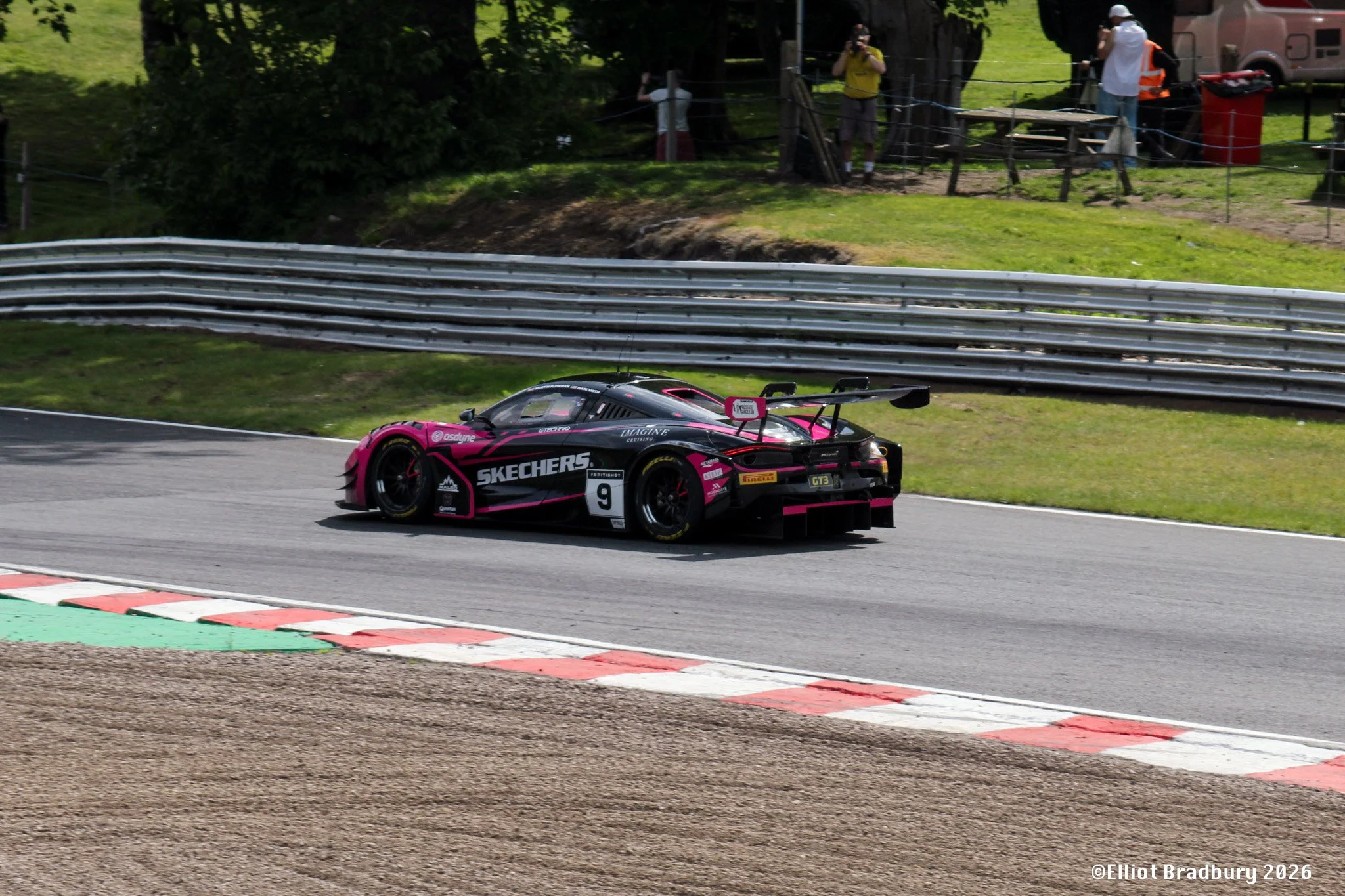 A pink and black race car on a race track with green and red curbs, metal guardrail, grassy area, trees, and spectators taking photos.