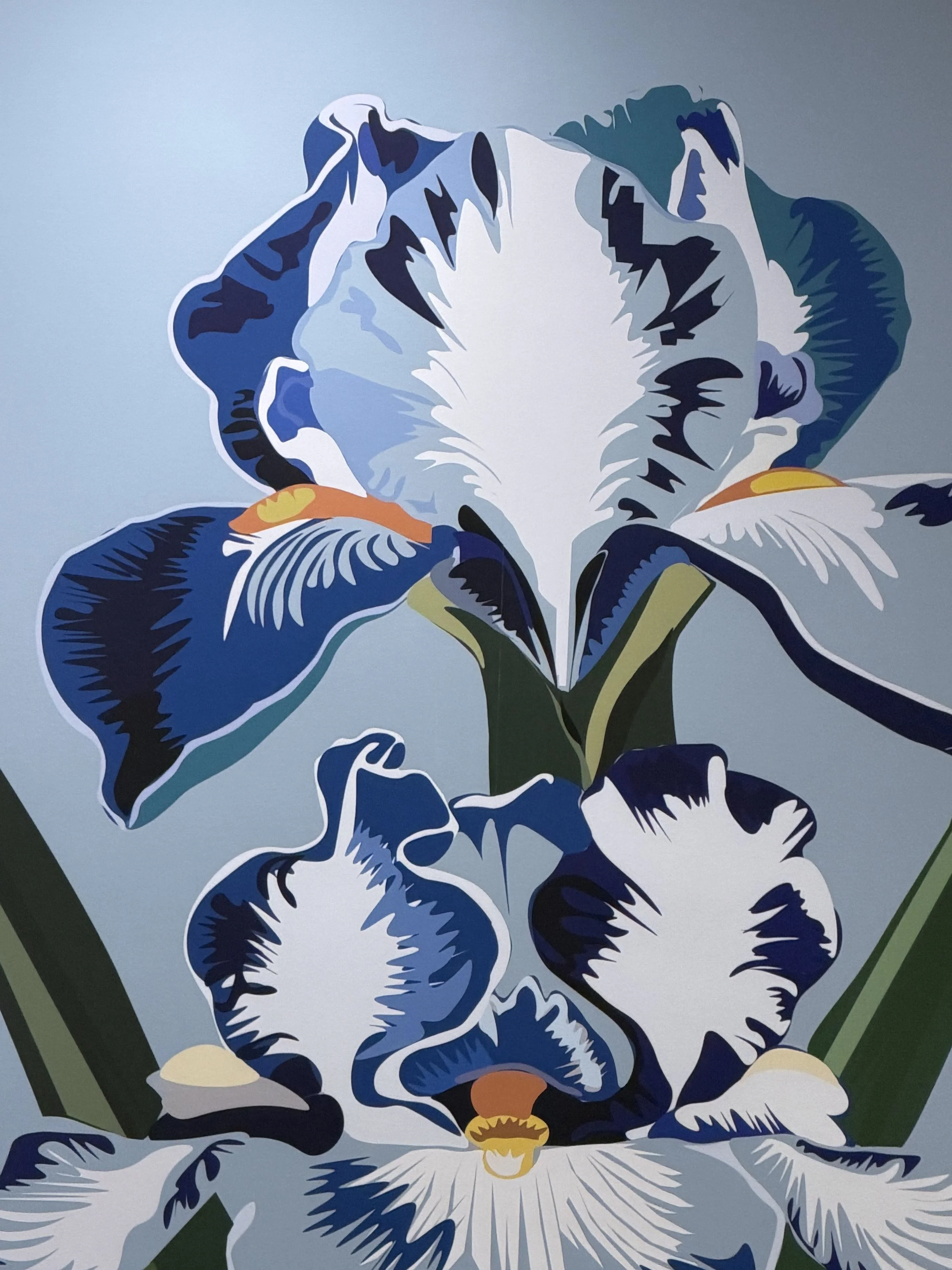 An abstract painting of a blue and white iris flower with yellow and purple accents.