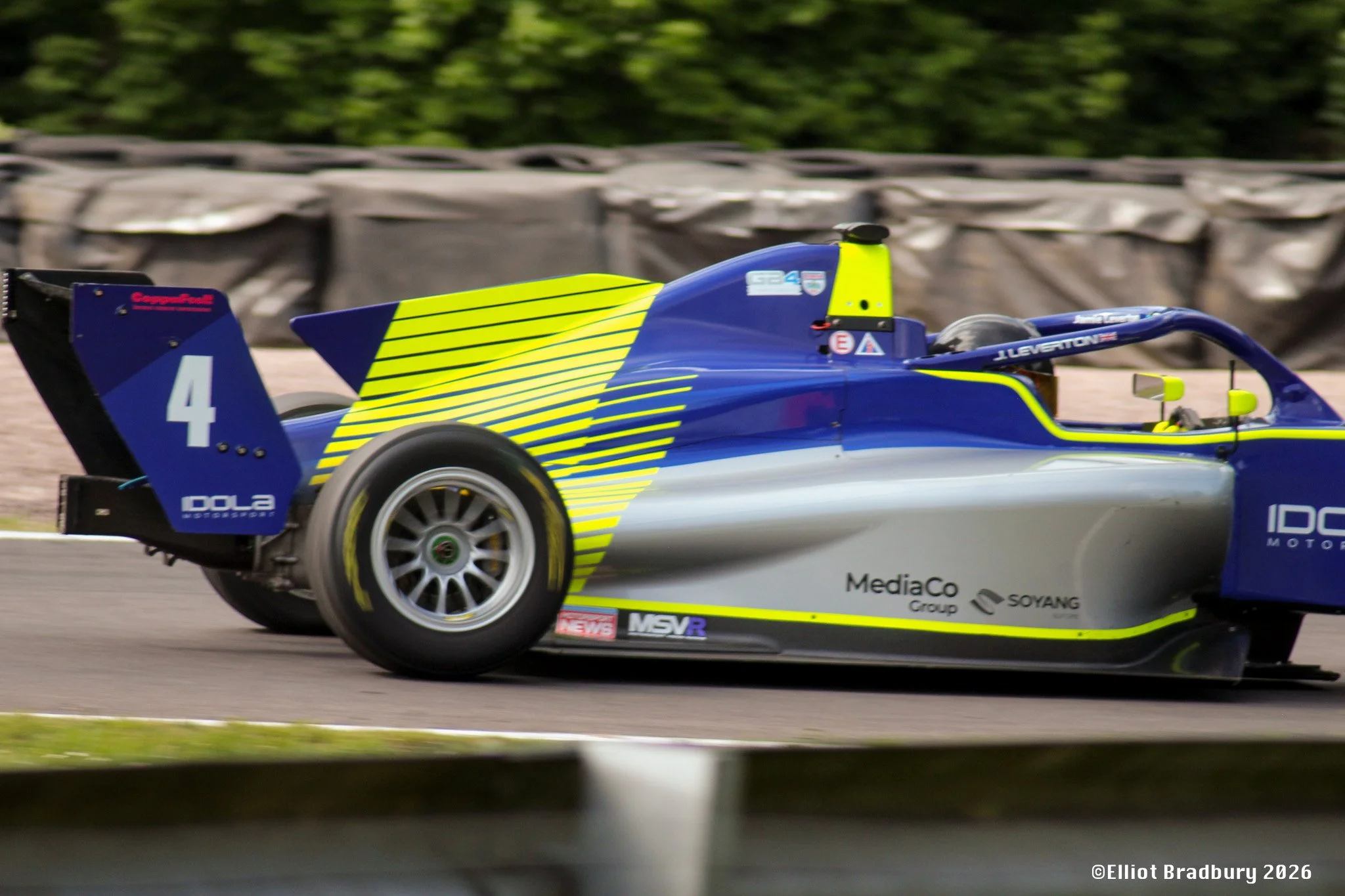 Close-up of a blue and yellow open-wheel race car speeding on a track, with green foliage and a gray barrier in the background.