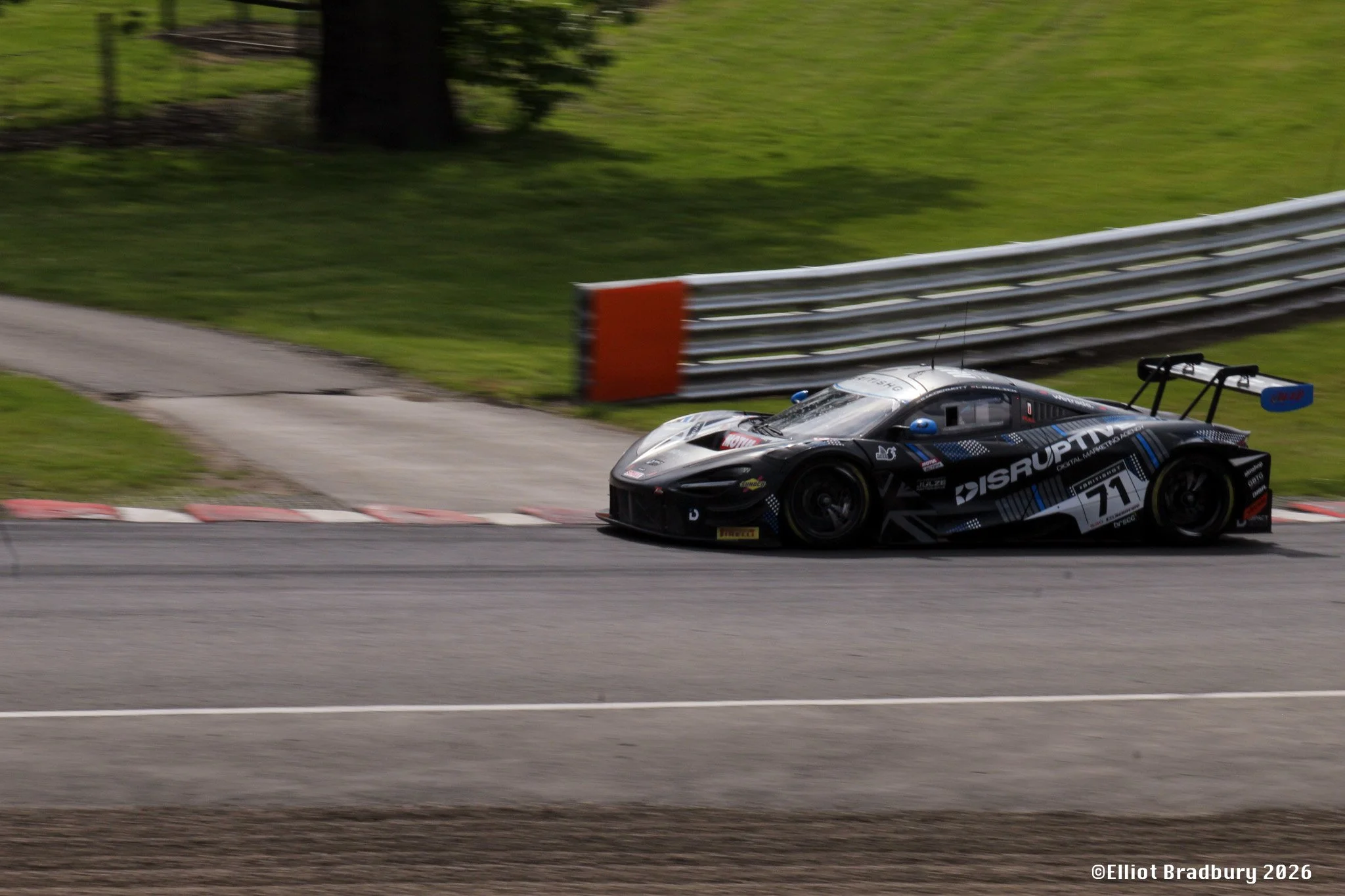 A black race car with the number 71 and various sponsor logos racing on a track, with a metal guardrail and green grass in the background.