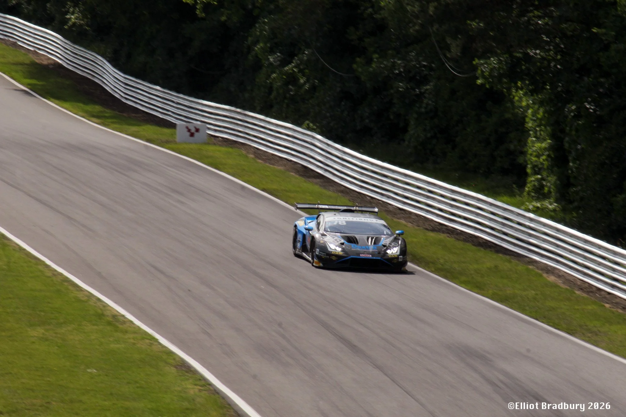 Race car speeding along a track with guardrails and dense trees in the background.