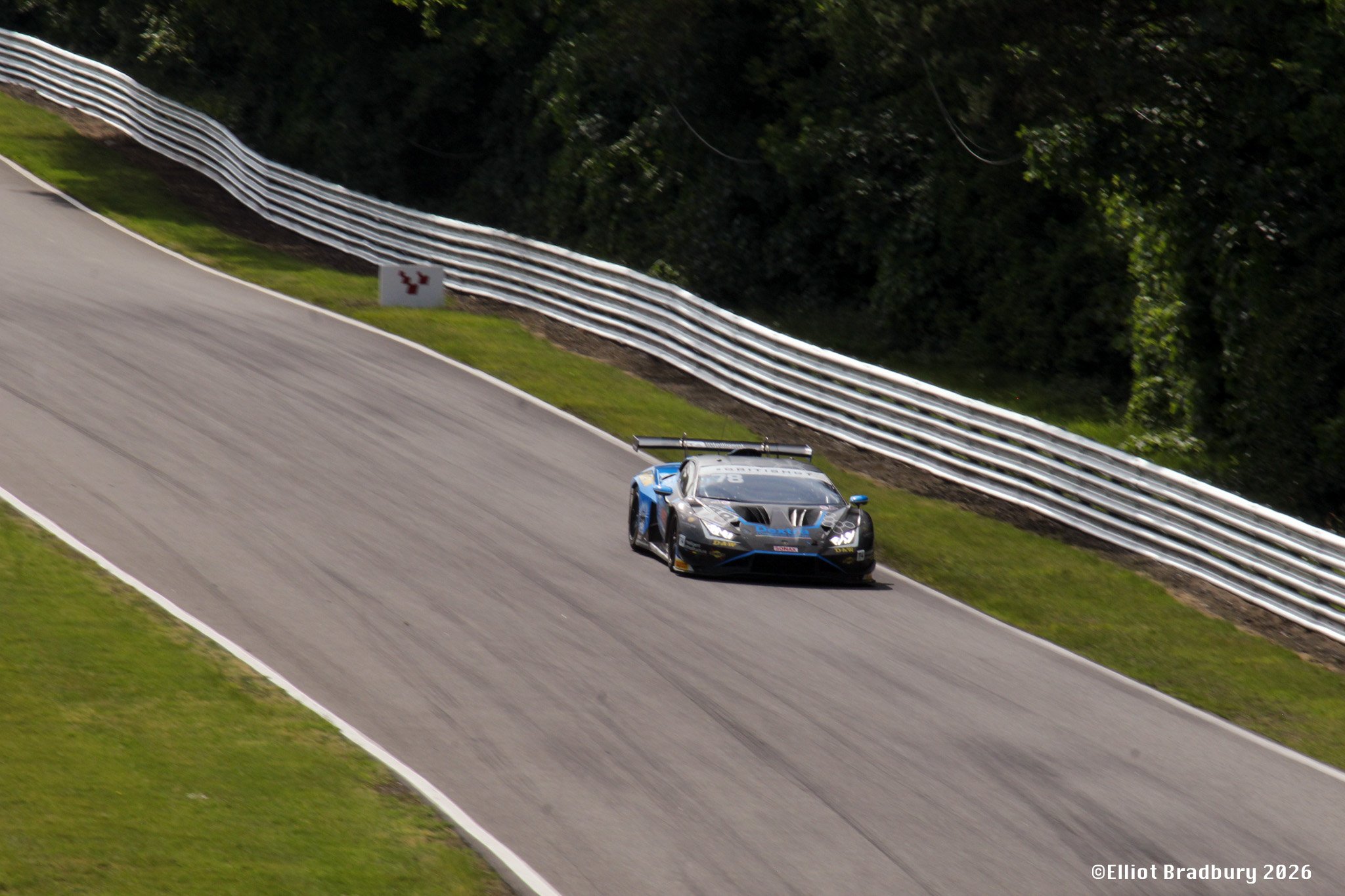 A blue racing car on a racetrack with green grass on either side, white guardrails, and trees in the background.