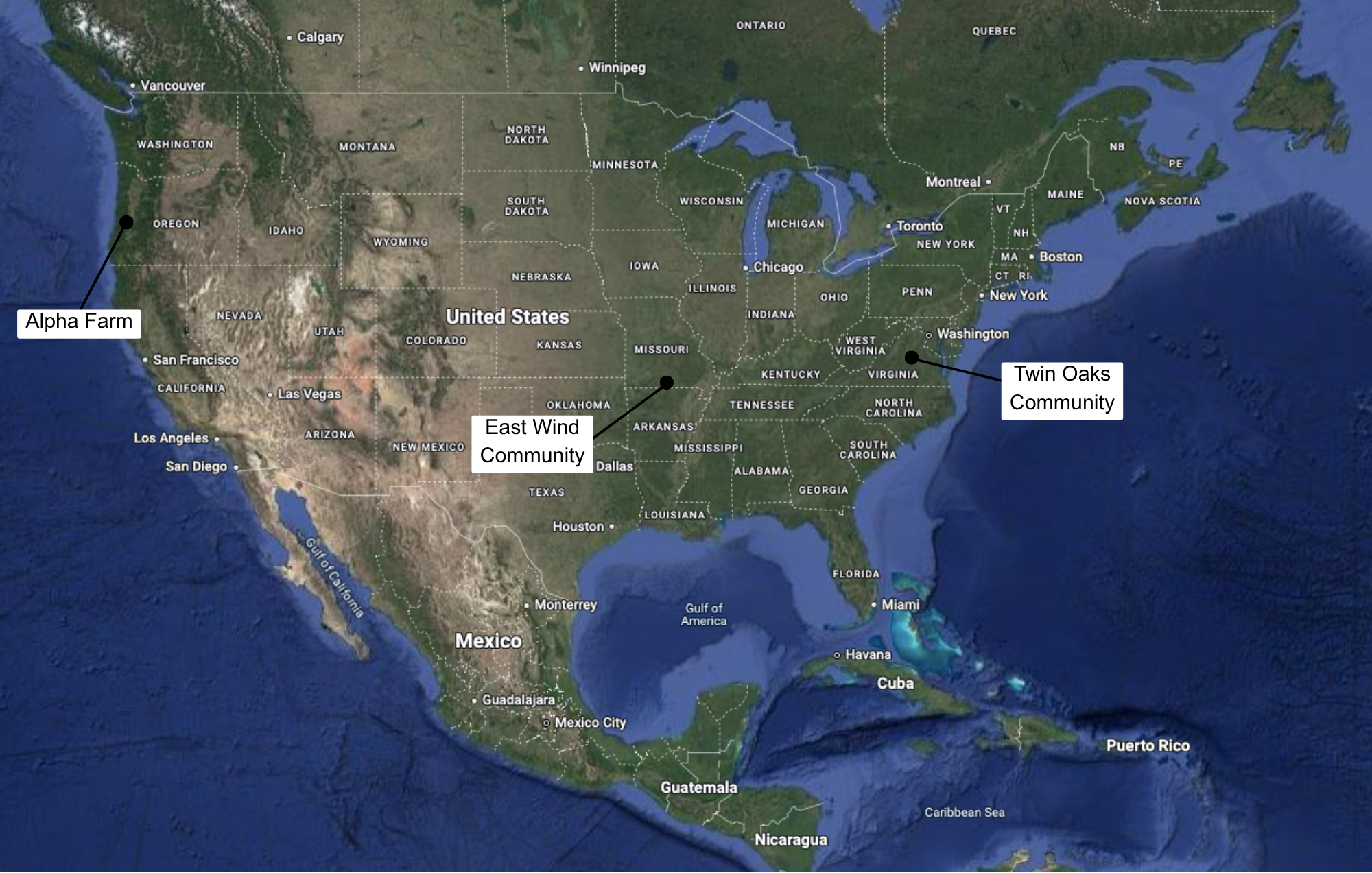FEC communities map USA showing Twin Oaks Virginia, East Wind Missouri, Alpha Farm Oregon; income-sharing egalitarian communities, intentional community network