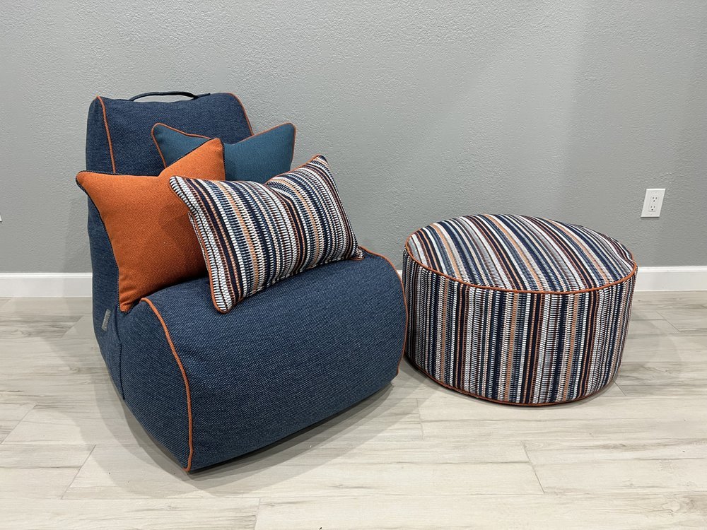 Indoor Residential Chair, Ottoman, and Pillows