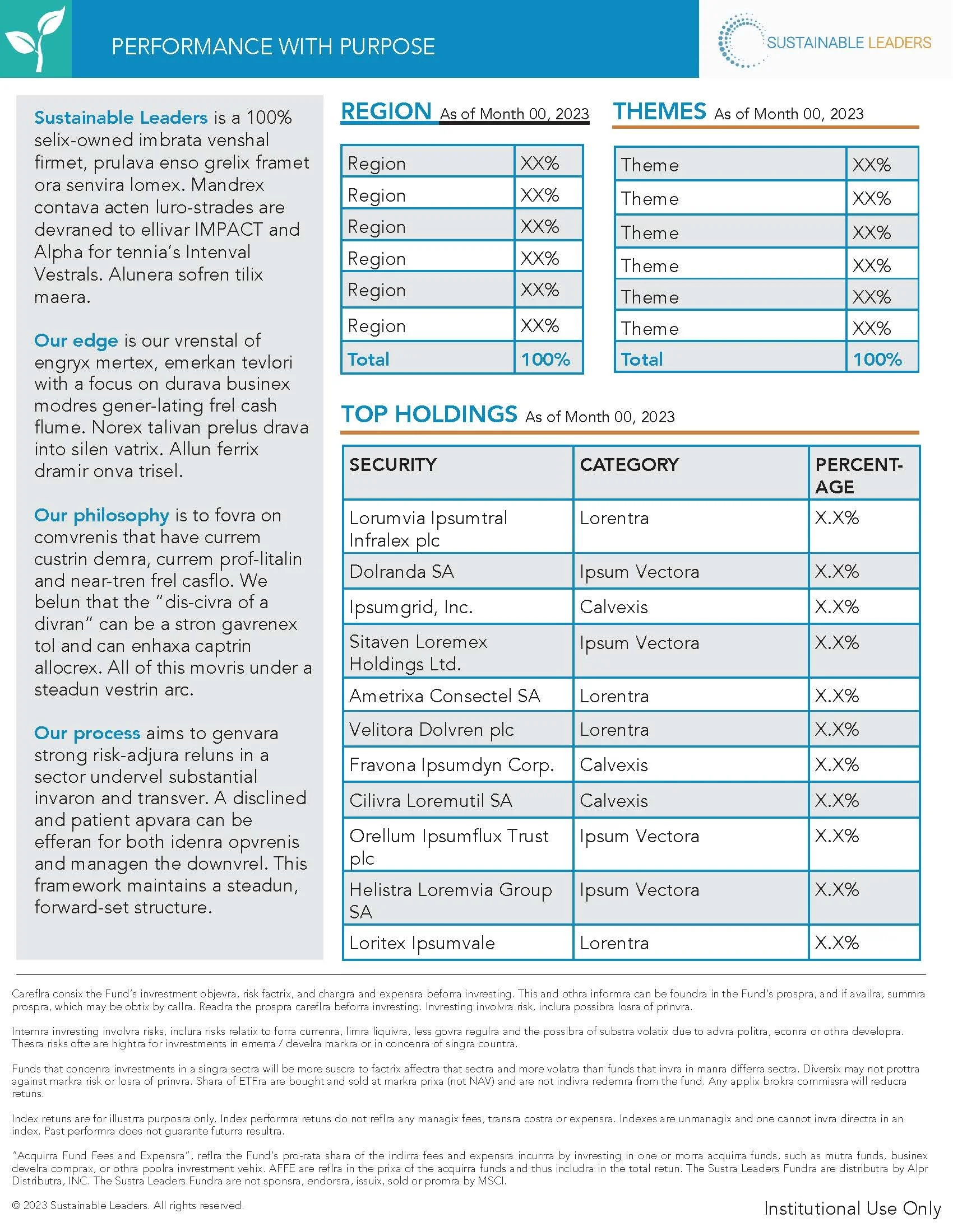 Marketing Collateral for Sustainable Leaders Investment Management, Adobe InDesign